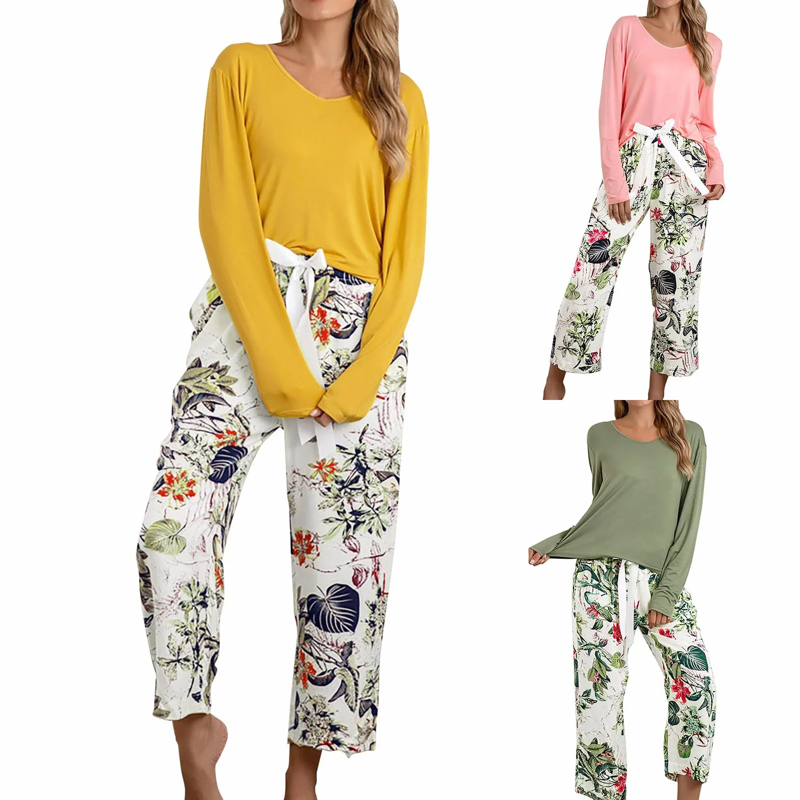 Pijamas de algodón para mujer, ropa de dormir cómoda, casual, holgada, mezcla de algodón, conjunto de ropa de descanso con cuello redondo, ropa de dormir cepillada suave, ropa de dormir de talla