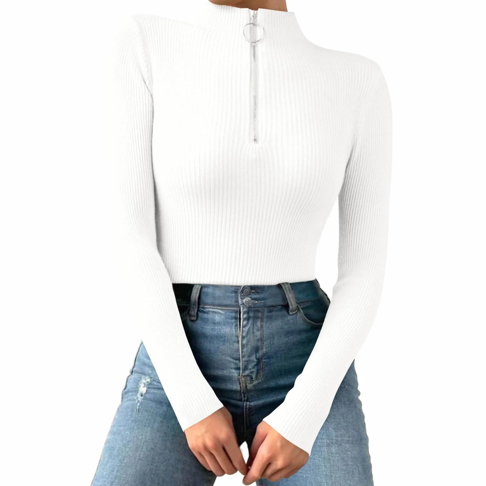 Camiseta interior de manga larga para mujer con cuello alto, camiseta de manga larga con cremallera 1/4, corte ajustado, monocolor, camiseta básica, acanalada, sudadera de punto, jersey