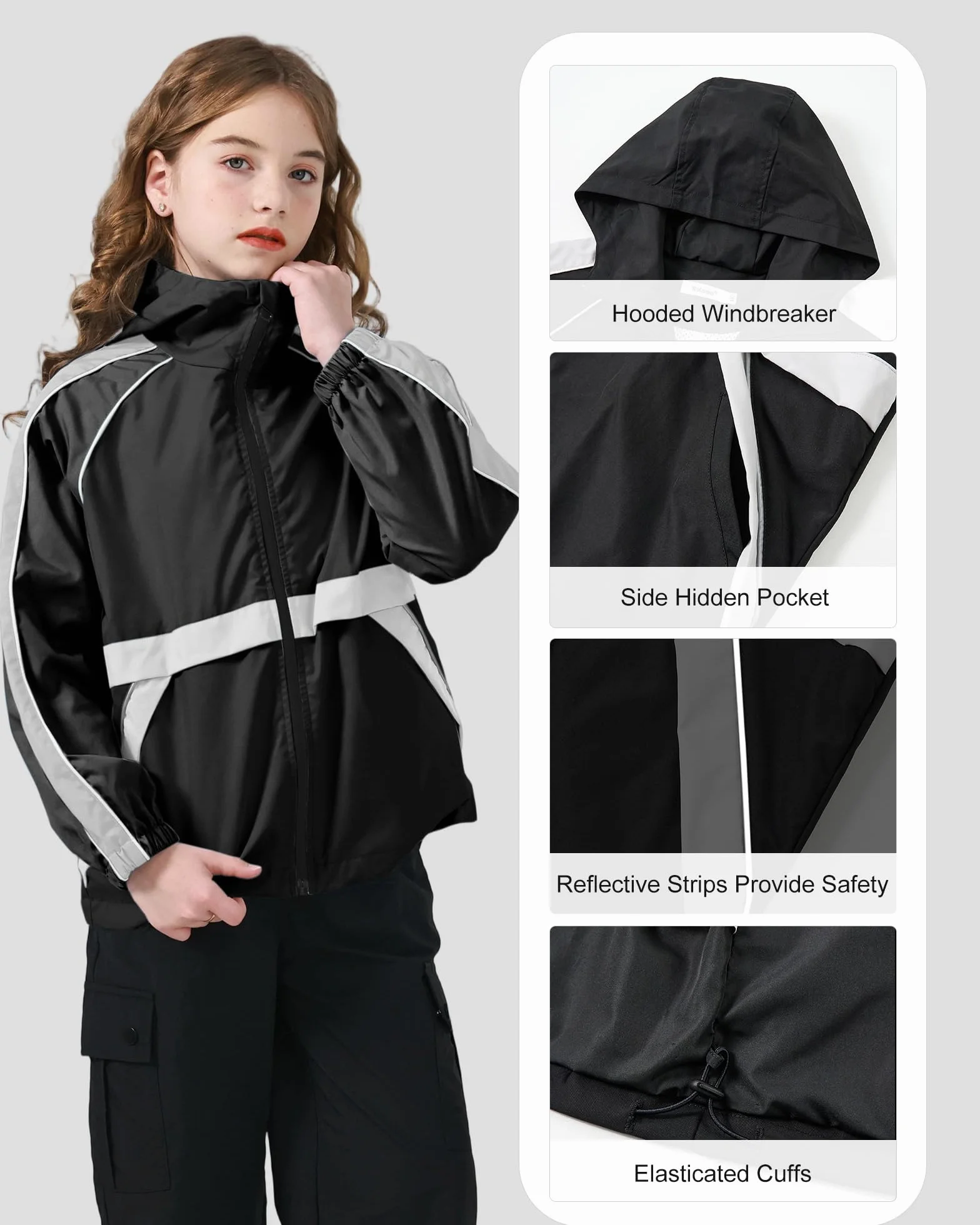 Rolanko Chaqueta Impermeable con Capucha para Niñas, Chaqueta Cortavientos Ligera con Cremallera para Niños