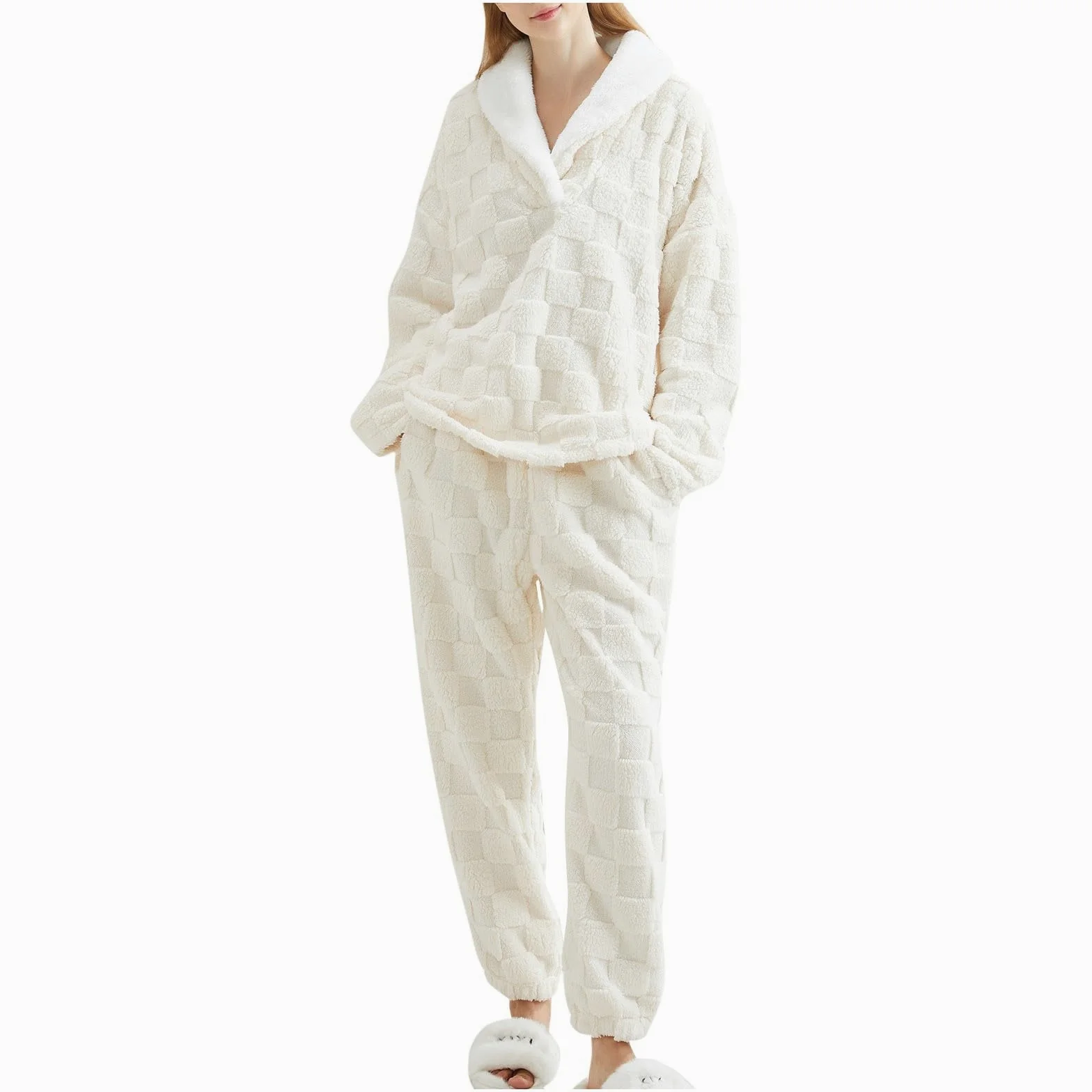 Pijama largo para mujer, mullido, mullido, pantalones de pijama, conjunto de ropa de dormir, con botones, cuello de camisa, traje de ocio, ropa de noche, ropa de noche, camiseta ligera de
