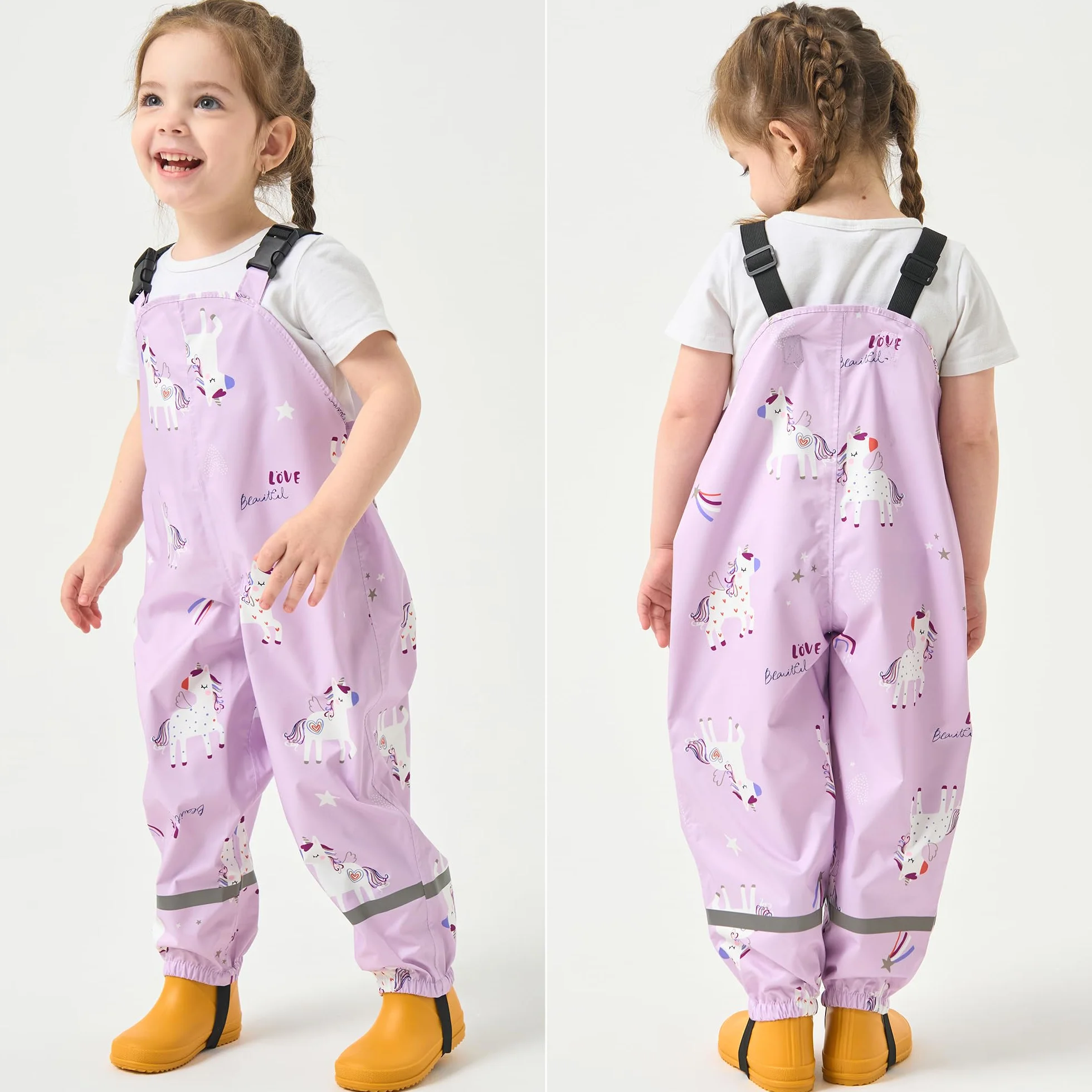 Fewlby Pantalon Impermeable Niñas, Pantalones Barro Peto de Lluvia Niños Mono Impermeable con Tiras Reflectantes Chubasquero Outdoor Traje Impermeable