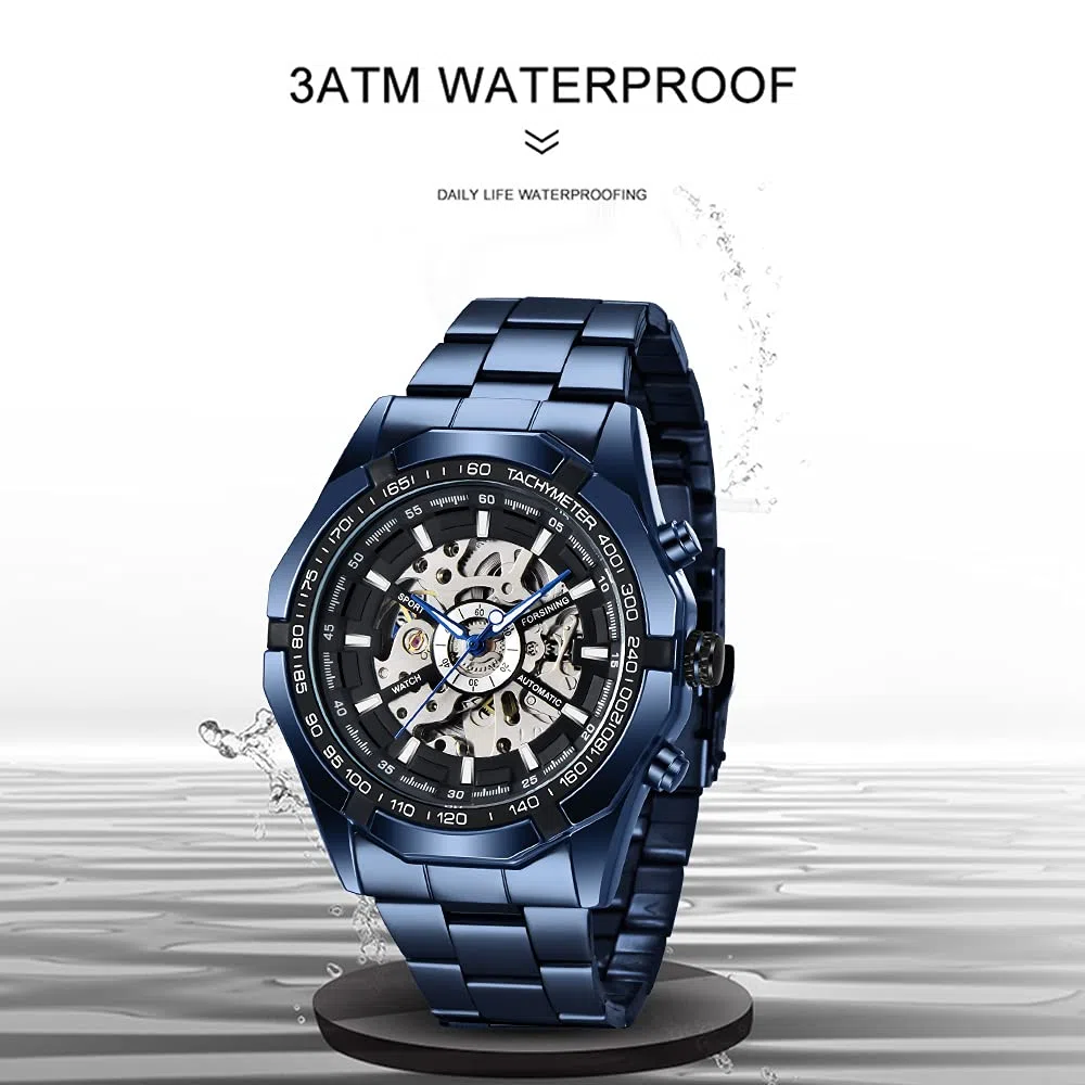 Acero inoxidable impermeable para hombre esqueleto relojes Top marca lujo transparente deporte mecánico