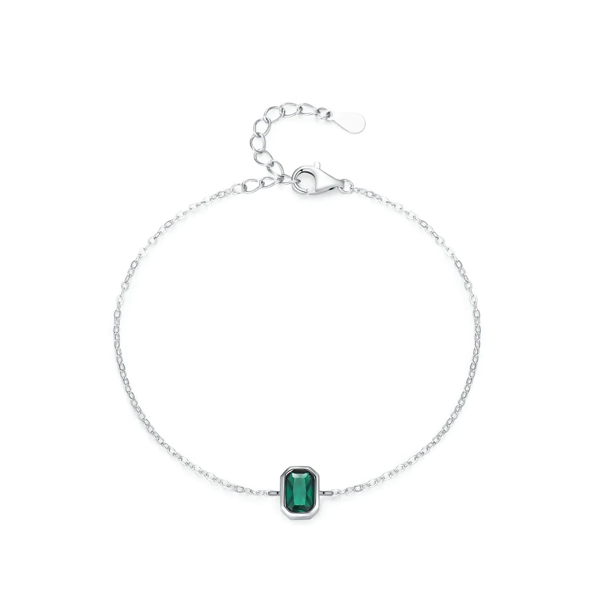 Pulsera de Mujer de Oro Blanco 9 Kilates / 14 Kilates / 18 Kilates, Rectángulo con Esmeralda Creada, Cadena Extensible 16 CM + 5 CM, Pulsera de Plata Verde de Mujer