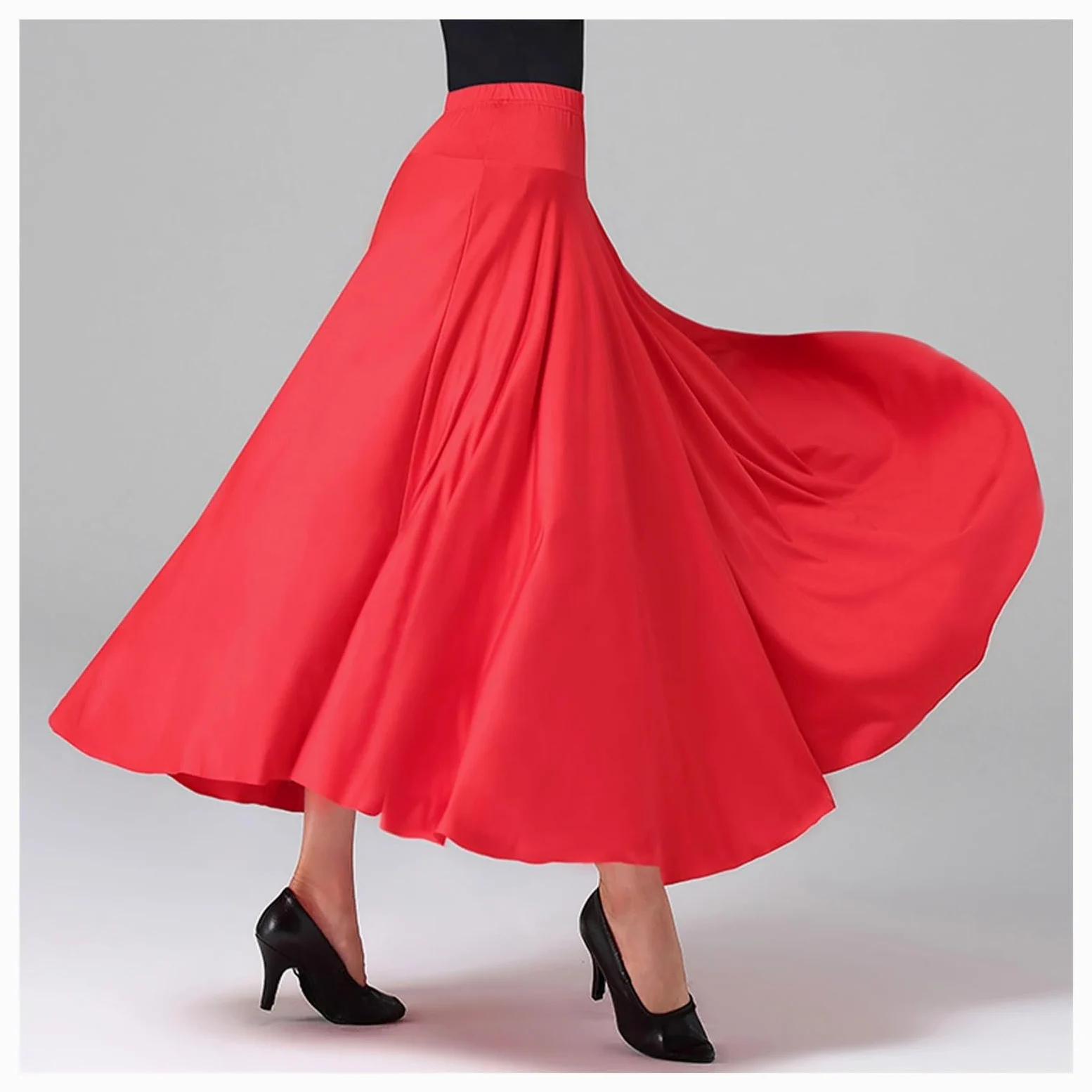 Falda Danza del Vientre Falda de Baile de salón for Mujer, Falda Larga Lisa, Cintura Alta, Cintura elástica, Volantes, Disfraz de actuación(Red,6XL)