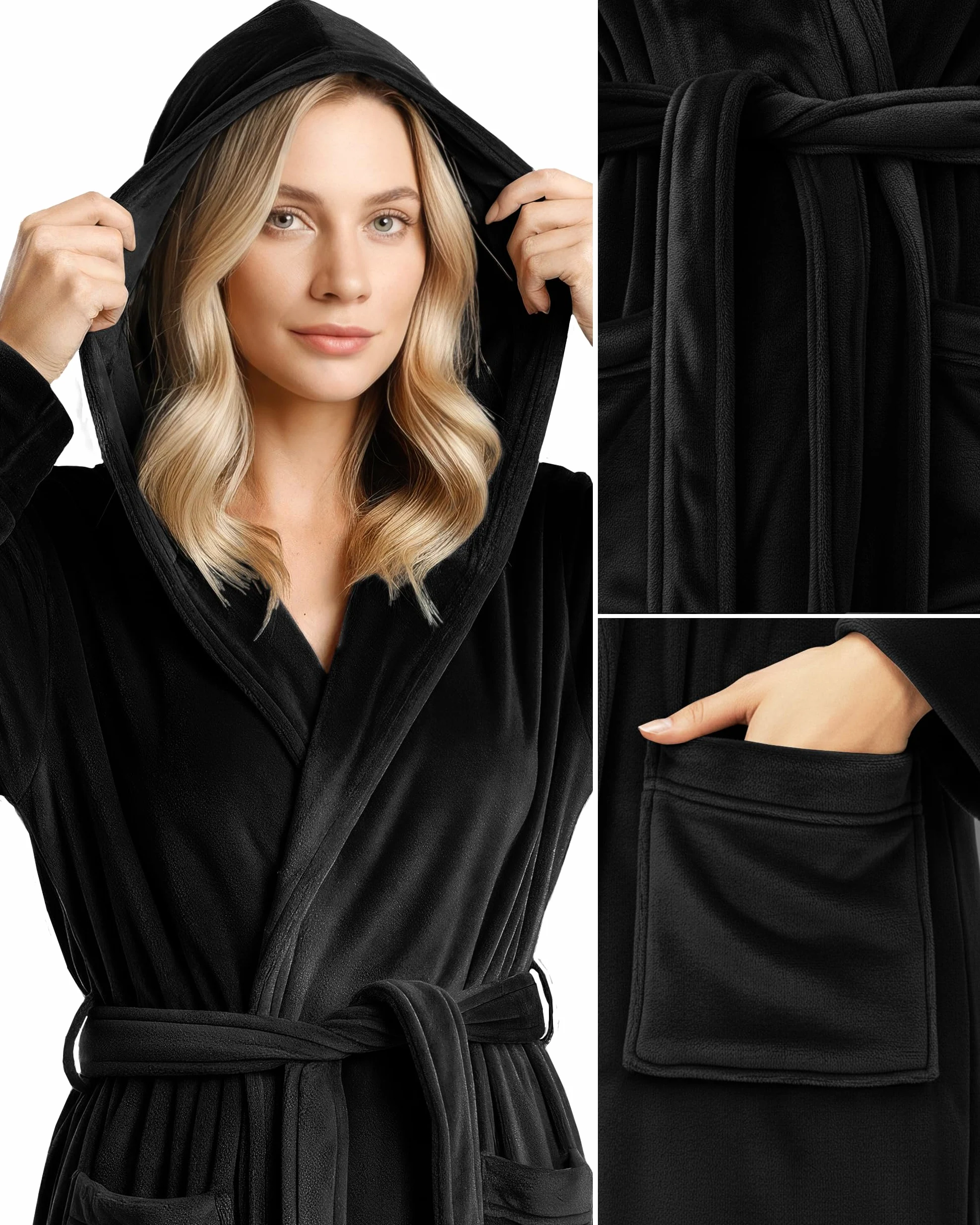 NY Threads Bata de baño larga de felpa con capucha para mujer