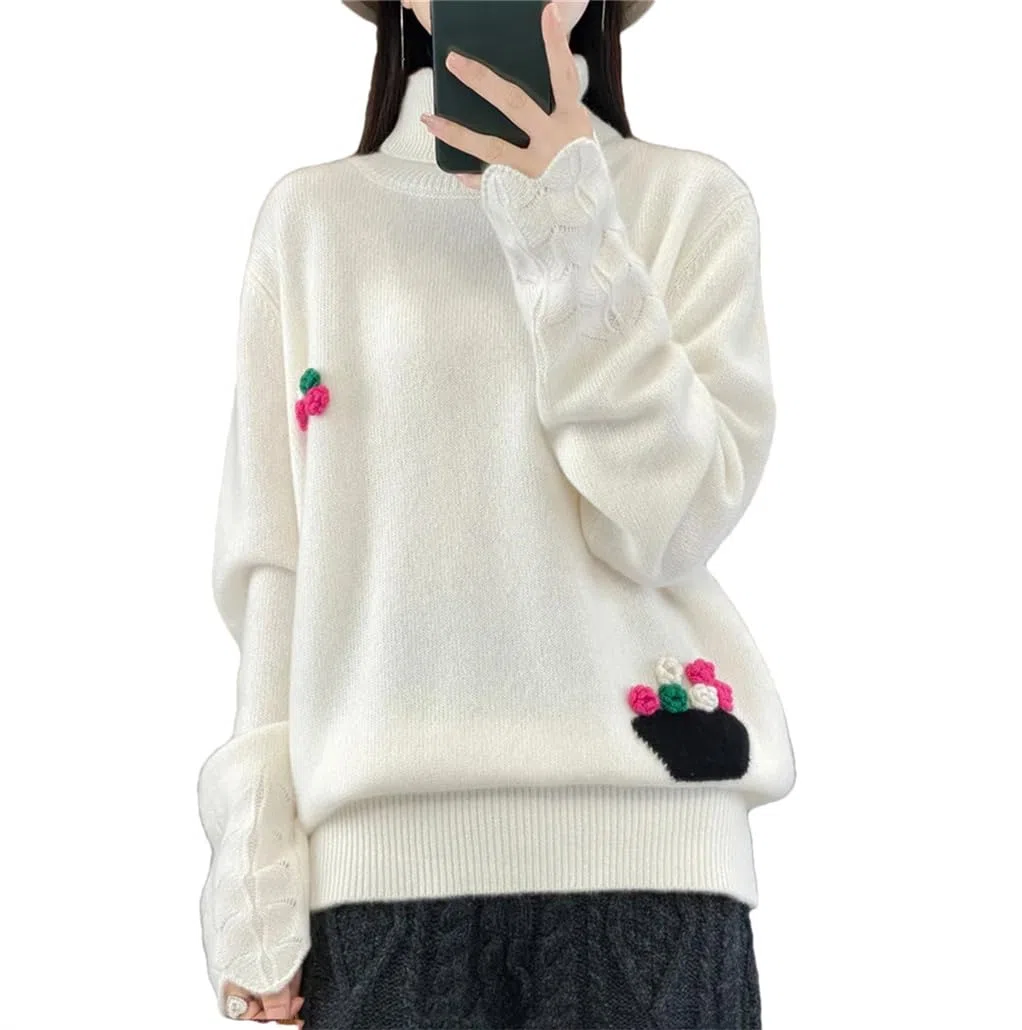 Suéter bordado de cuello alto para mujer, suéter de punto suelto para otoño e invierno