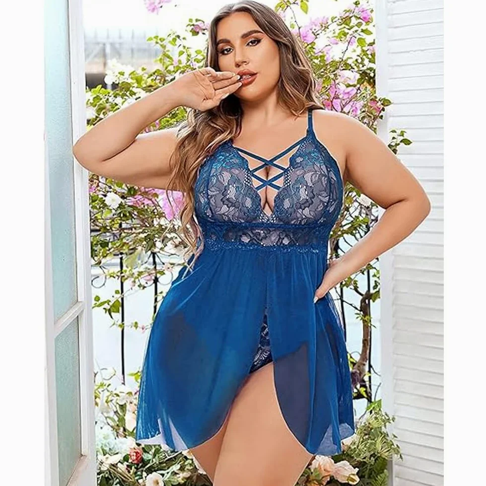 XHYRHTS Babydoll de lencería Sexy de Talla Grande para Mujer, camisón de Encaje, Ropa Interior de negligé, Ropa de Dormir de una Pieza, camisón para Mujer