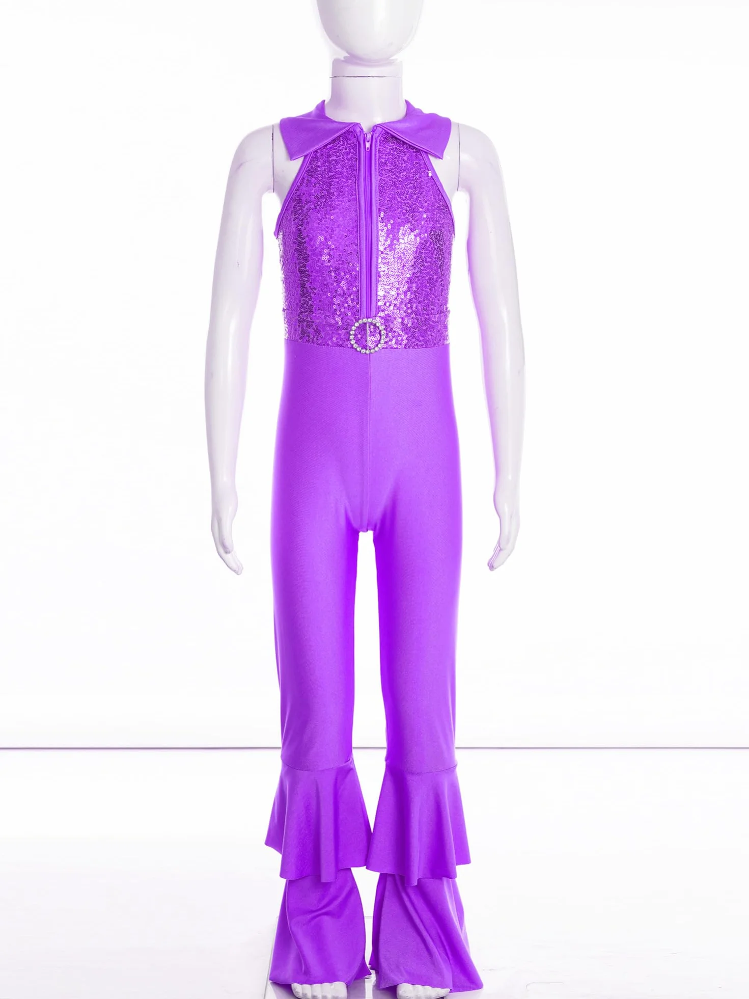 IEFIEL Mono de Danza Ballet para Niña Maillot de Gimnasia Rítmica Mono Lentejuelas con Media Cremallera y Pantalones Acampanados Disfraz de Baile 5-14 Años