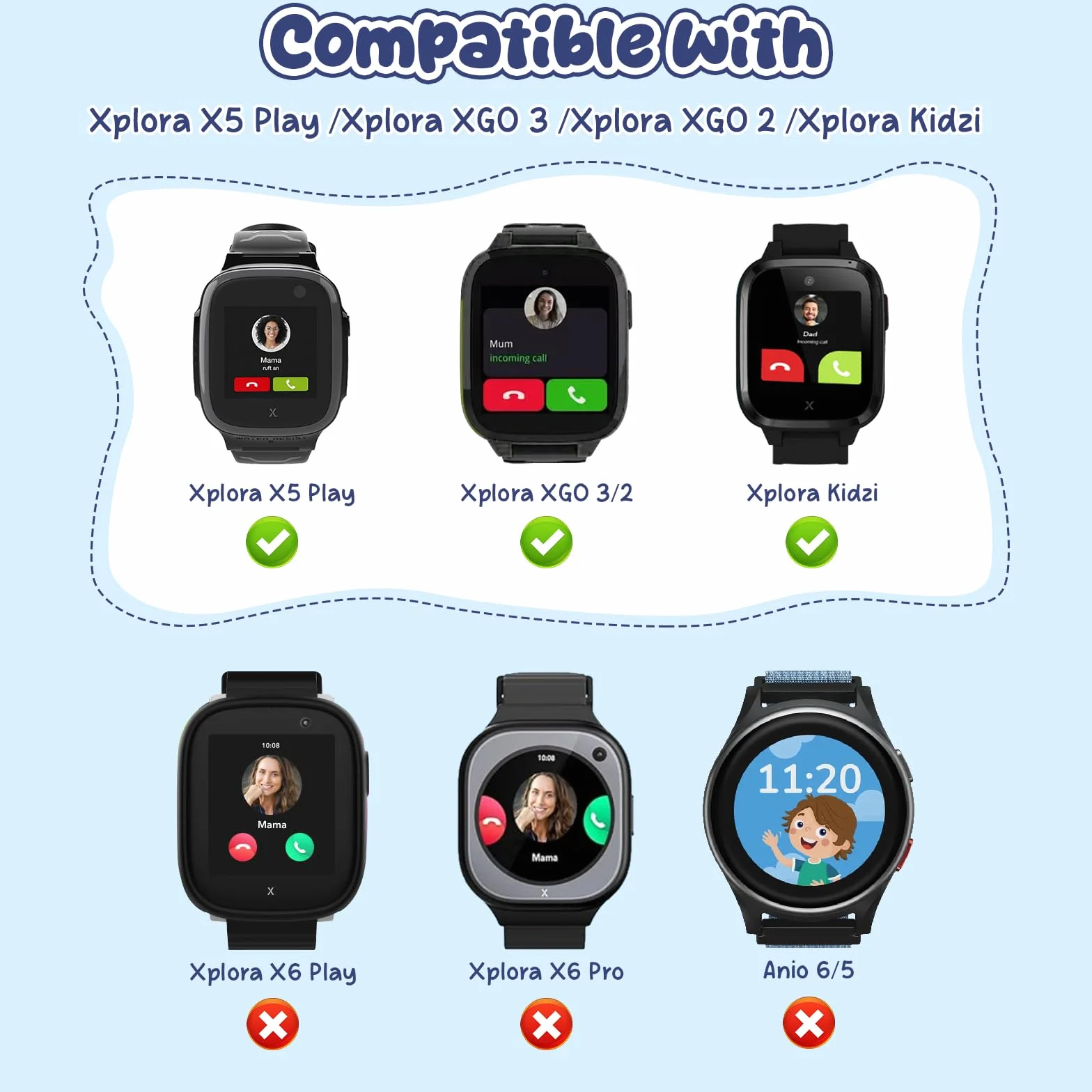 2 Piezas Pulseras de Nylon 16mm Compatibles con Xplora X5 Play/Kidzi/XGO 2/XGO 3, Adorno para Reloj Inteligente Infantil Cómodo Impermeable Ajustable Repuesto para Niñas Niños