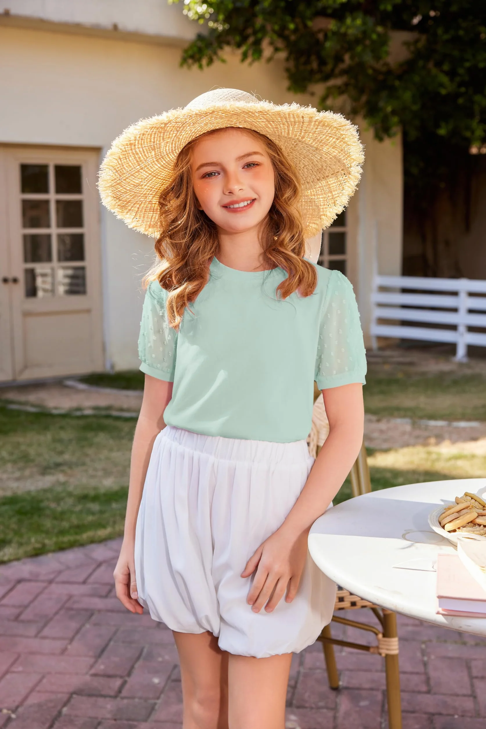 Arshiner Niñas Camisetas Mangas de Gasa Niños Verano Algodón Ocio Elegante T- Shirt Cuello Redondo Manga Corta para Niñas 5-13 Años