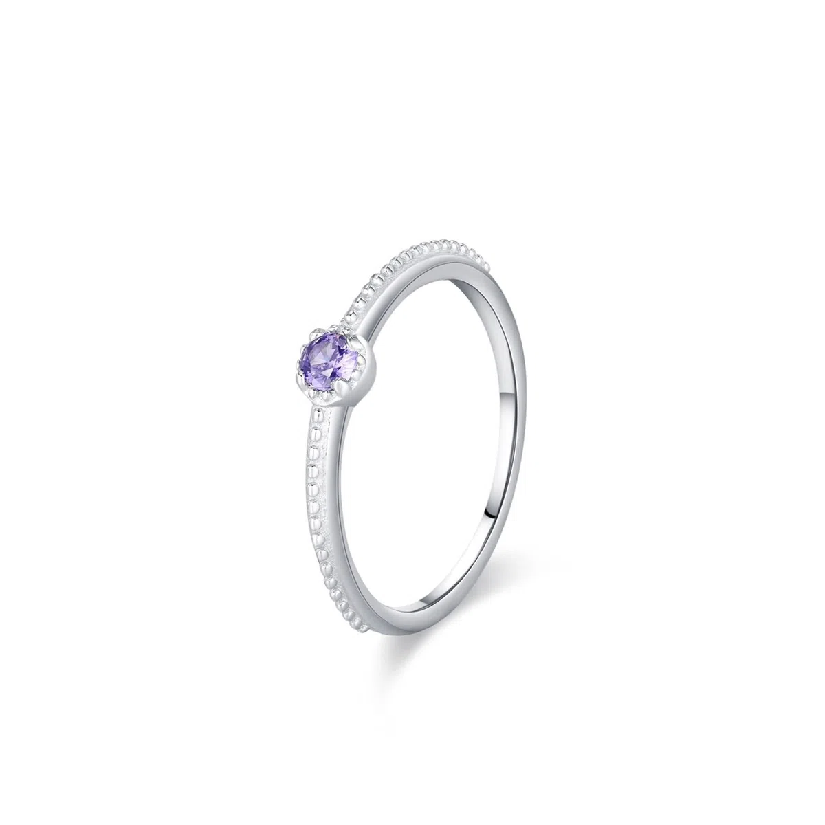 Anillos de mujer de oro blanco de 9 K, anillo de declaración apilable, solitario simple de 0,1 quilates, amatista redonda, talla 58 (18,5)