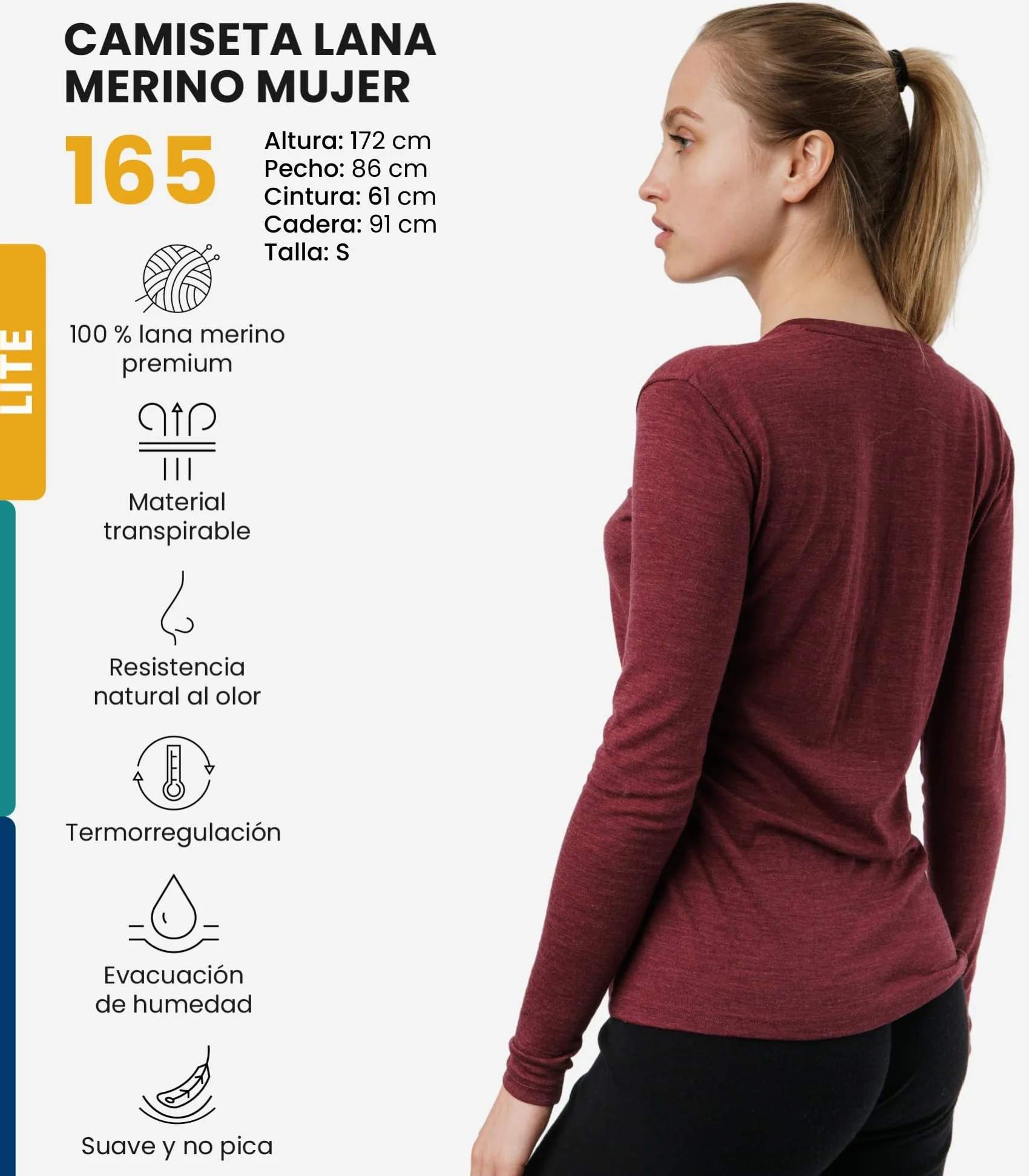 Merino.tech Camiseta Termica Lana Merino Mujer - Ropa Térmica + Calcetines (Small, 165 Burgundy)
