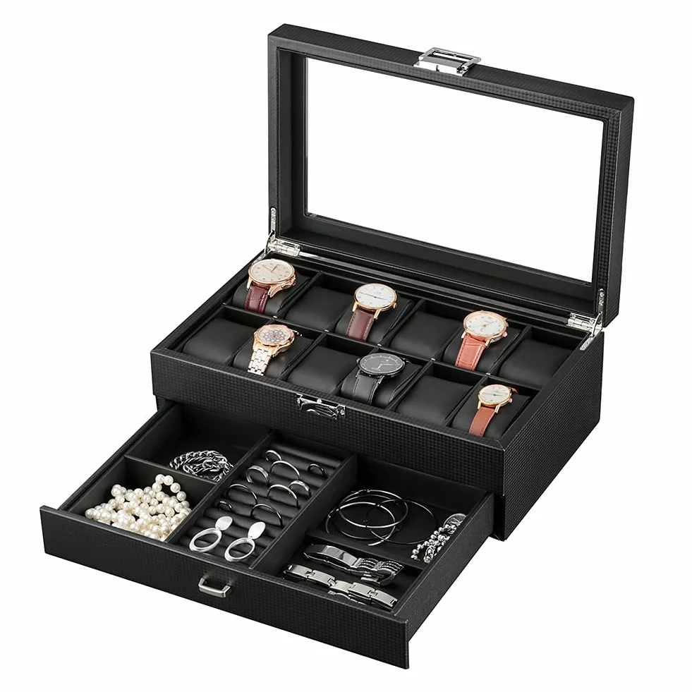 Caja para relojes con 2 niveles, caja de almacenamiento para relojes con tapa de cristal, caja de joyas, 12 compartimentos y 1 cajón para relojes, anillos, pulseras, Fibra de carbono--w60b