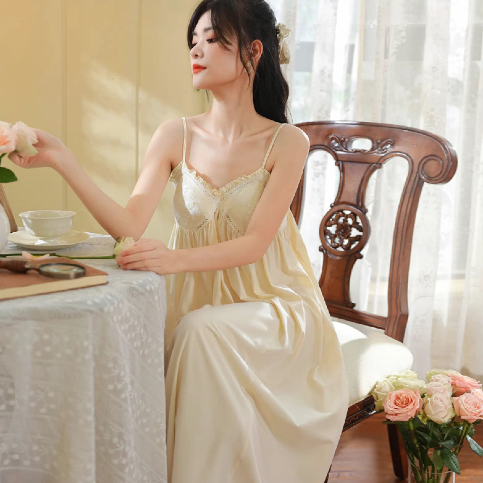 OFFSUM Camisón Elegante De Princesa Sin Mangas con Tirantes De Color Sólido Camisón De Verano De Algodón con Encaje Sexy Almohadilla para El Pecho Ropa De Dormir