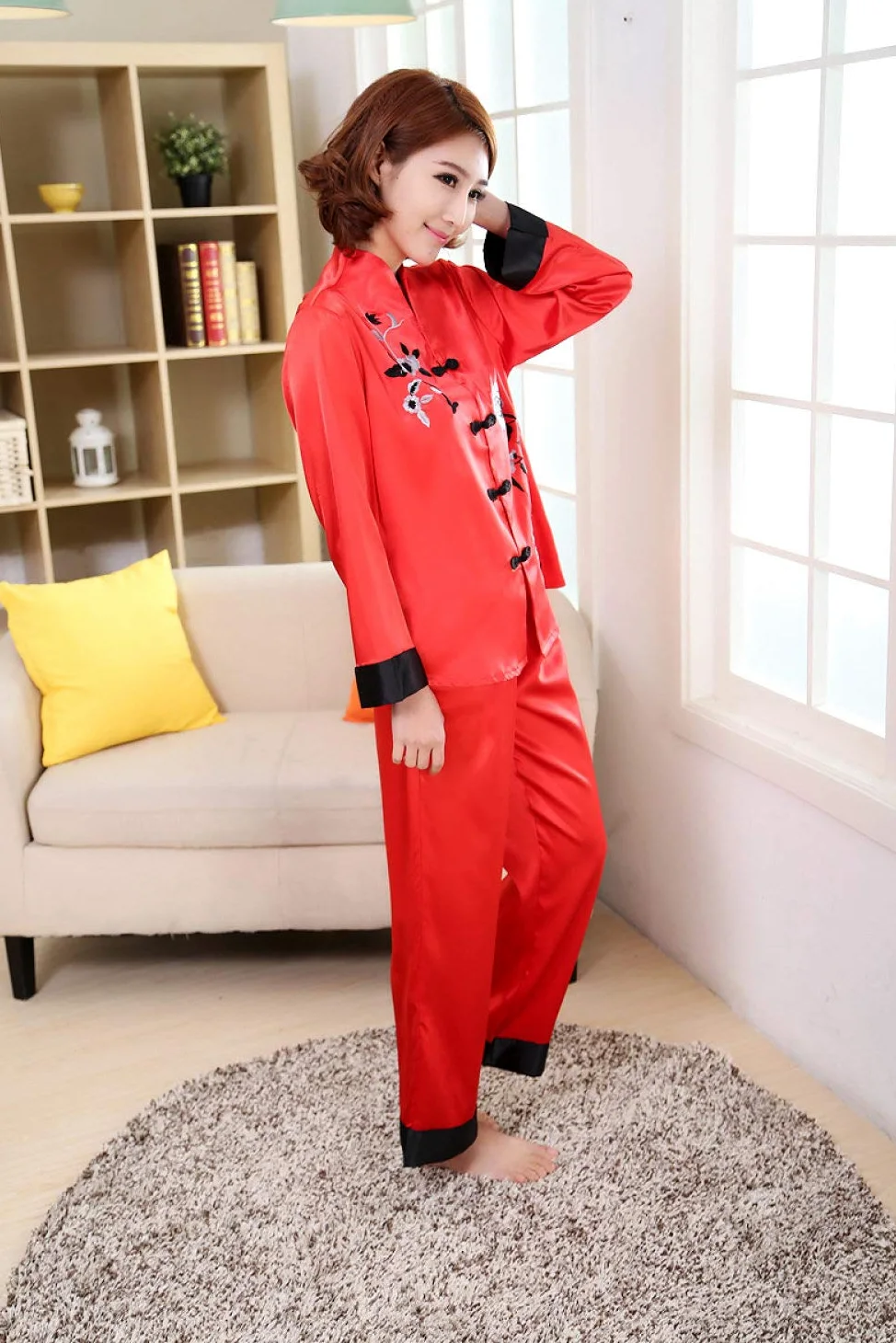 Pijama De Satén para Mujer,Conjunto De Pijamas De Seda De Mujer China Tradicional Rosa Bordado con Estampado De Flores Traje De Pijama 2 Piezas Ropa De Casa Ropa De Dormir Loungewear M L XL XXL 3XL