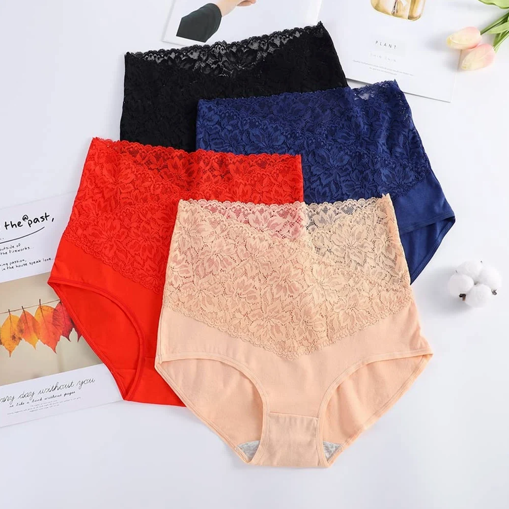 Paquete de 4 Bragas con Cuello en V de Cintura Alta para Mujer, Bragas de Encaje de algodón, tentación Caliente, Bragas pequeñas para el Vientre para Mujer