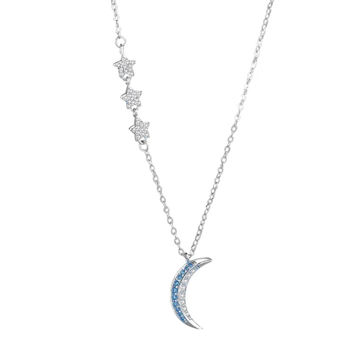Collares de moda para mujer, collar de oro blanco de 9K/14K/18K con colgante de luna de moissanita y estrella de topacio, cadena Rolo: 40 + 5 cm
