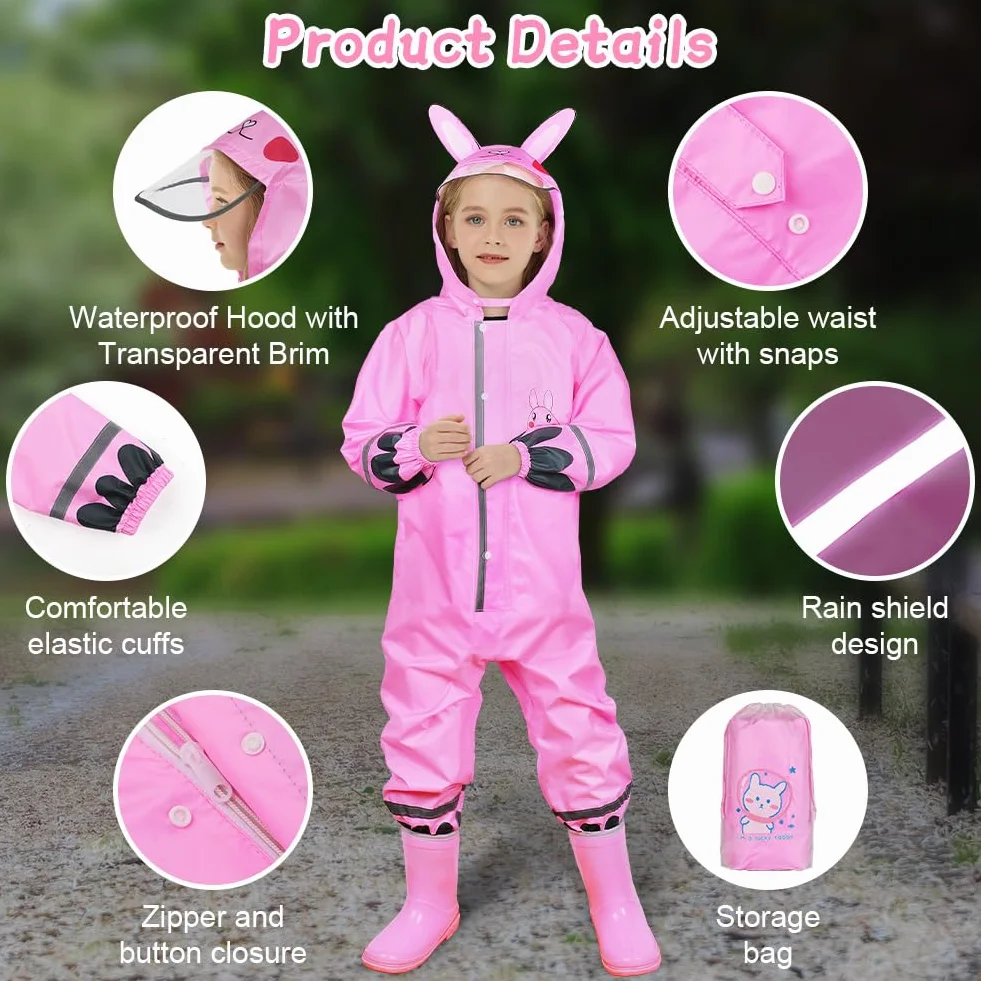 Impermeables para Niñas, Encapuchado Mono de Bolsillo, Reutilizable Lluvia Reflectante, Dibujos Animados Estampados Chaqueta Lluvia, Chubasqueros Chaquetas Ligero Capa de Lluvia