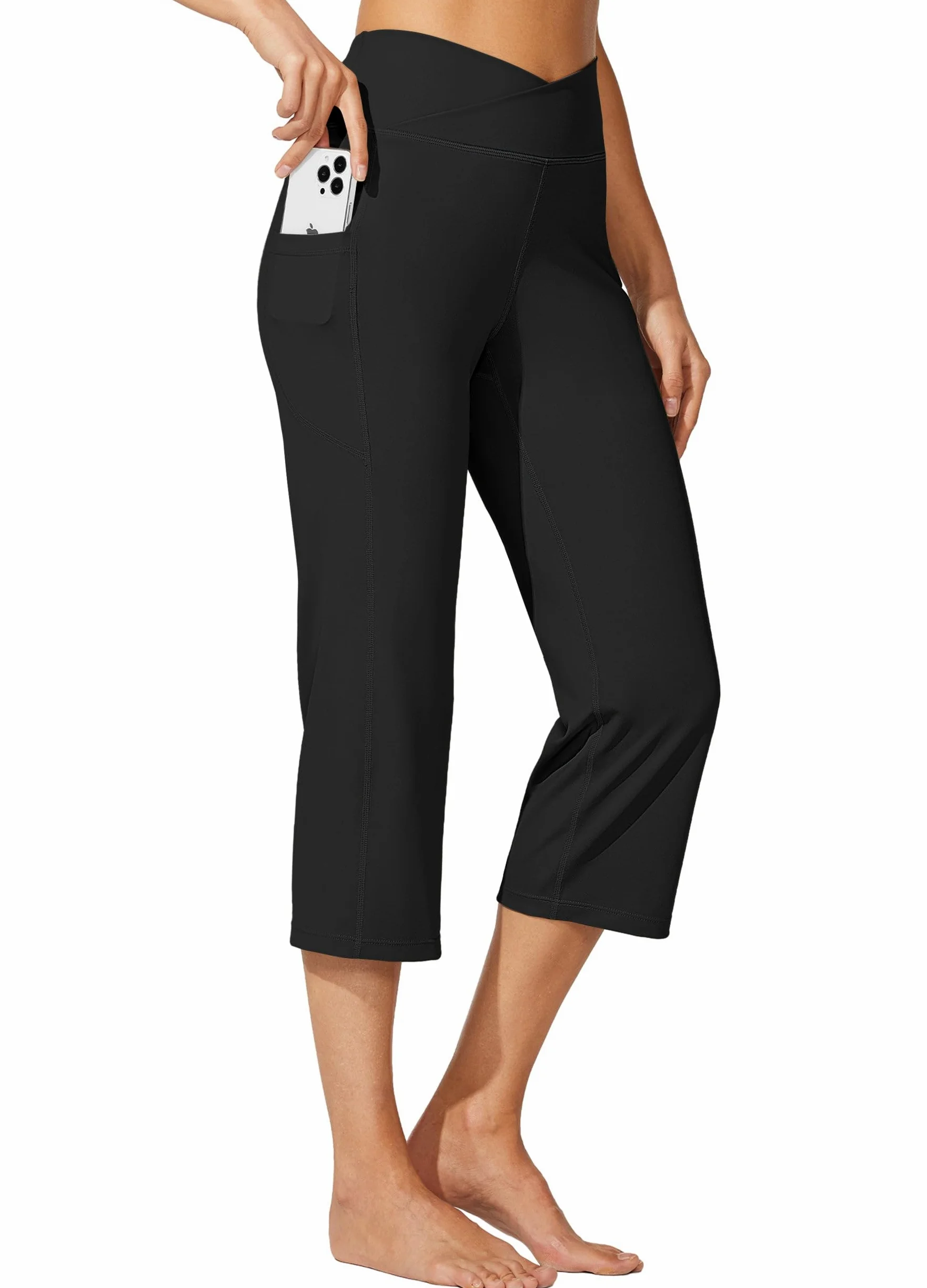 WILLIT Pantalones capri de yoga para mujer, pierna recta, elásticos, pantalones de trabajo cruzados, elegantes, cintura alta, con bolsillos, yoga, entrenamiento casual