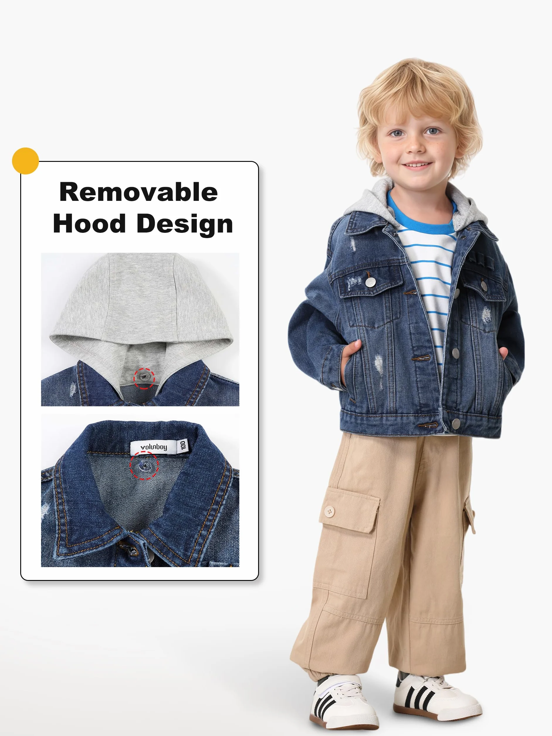Volunboy Chaqueta Vaquera Niños Desmontable Capucha Azul Mezclilla 2-8 Años