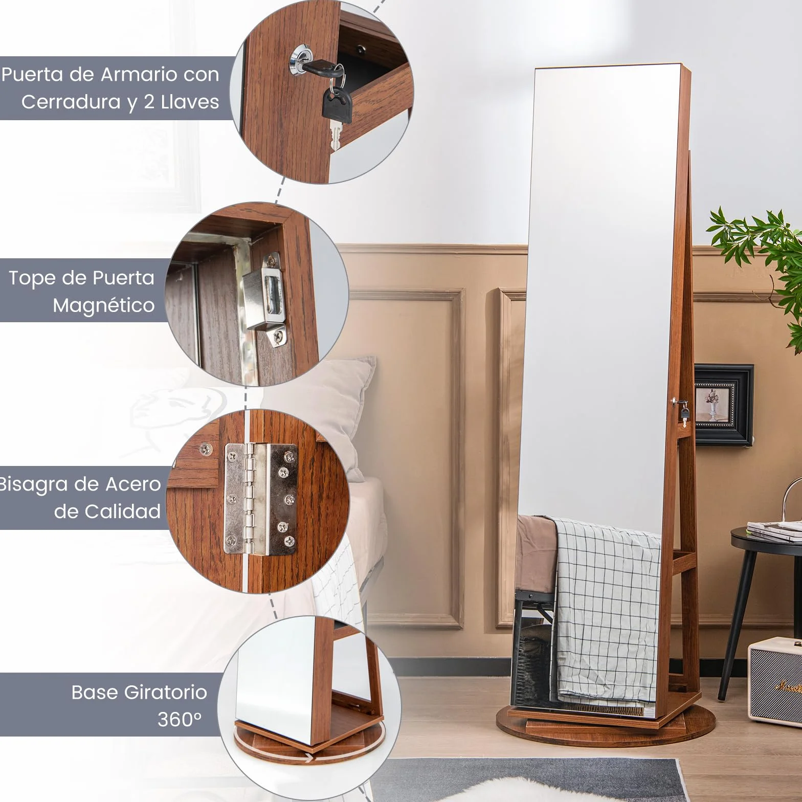 RELAX4LIFE Armario para joyas 3 en 1 con espejo LED giratorio 360° y 3 estantes (marrón)