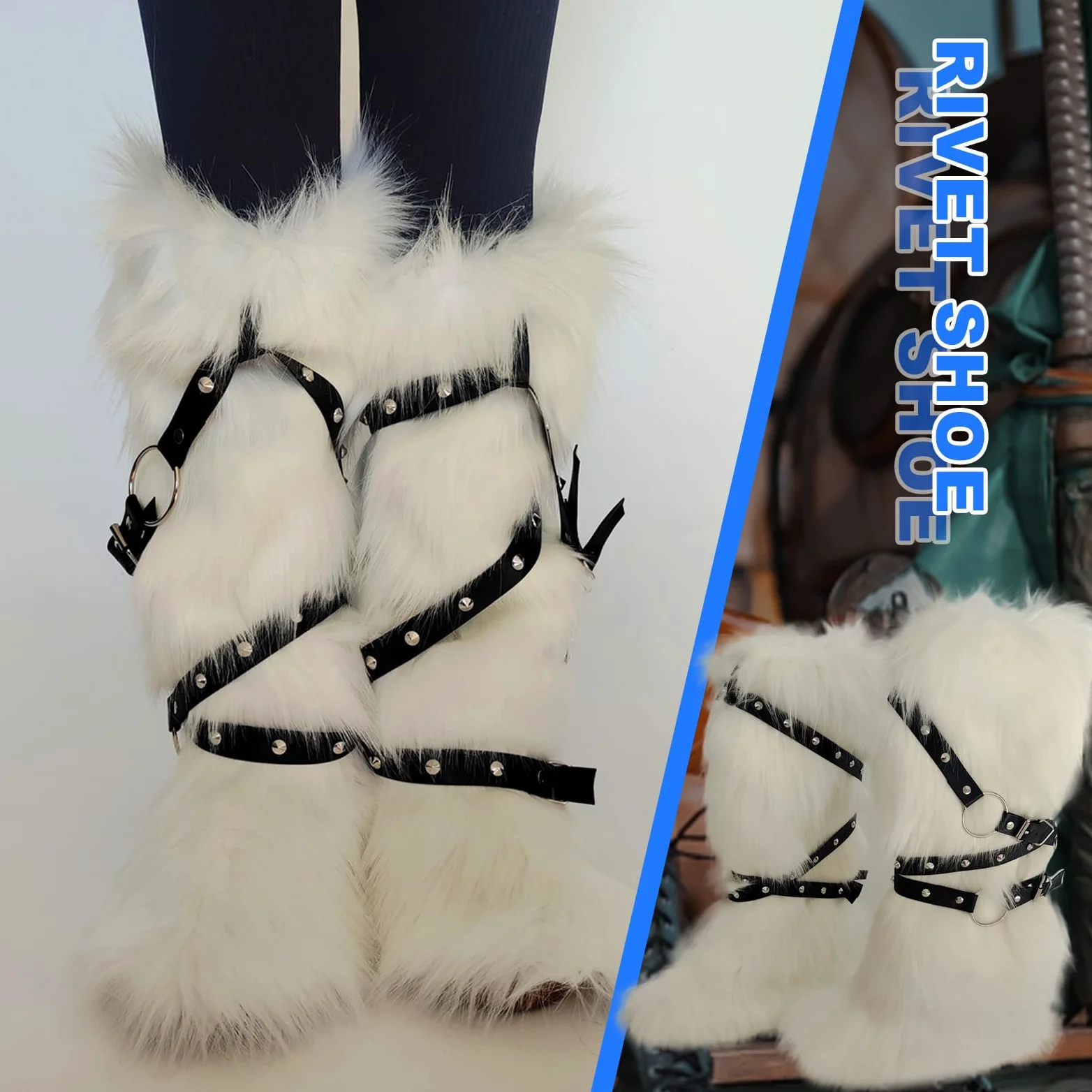 Calentadores de piernas de piel sintética para mujer, remache punk, arnés de piernas, mullido, fundas de botas de nieve, calcetines para fiestas e informales