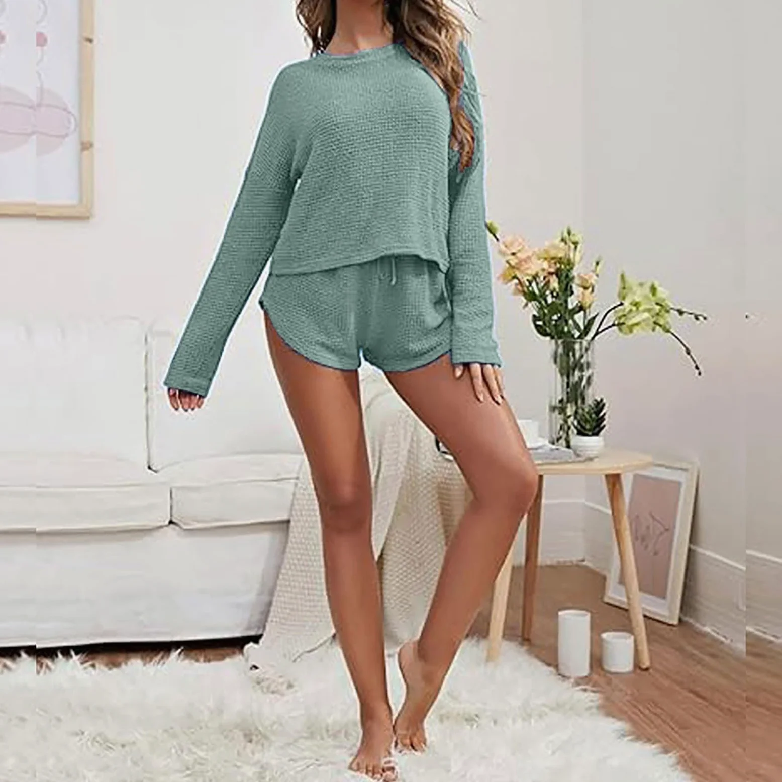Generisch Conjunto de pijama de punto para mujer, manga larga, top y pantalones cortos, conjunto de ropa de salón con bolsillos, ropa de noche