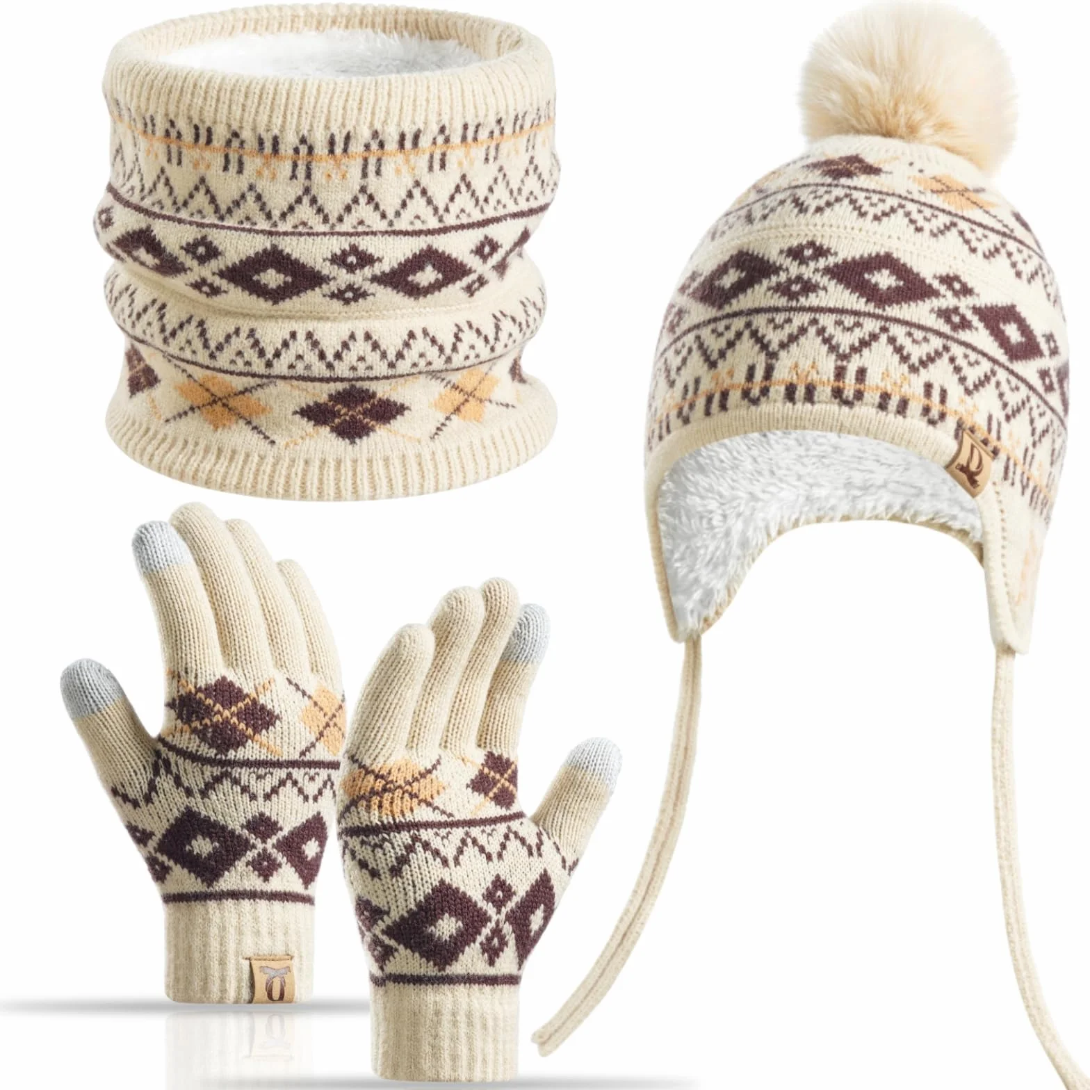 Juego de 3 piezas de invierno para niños con forro polar y gorra, polaina para el cuello, guantes para 3-8 años con pompón, cálidos, pantalla táctil, nieve, escuela, uso al aire libre