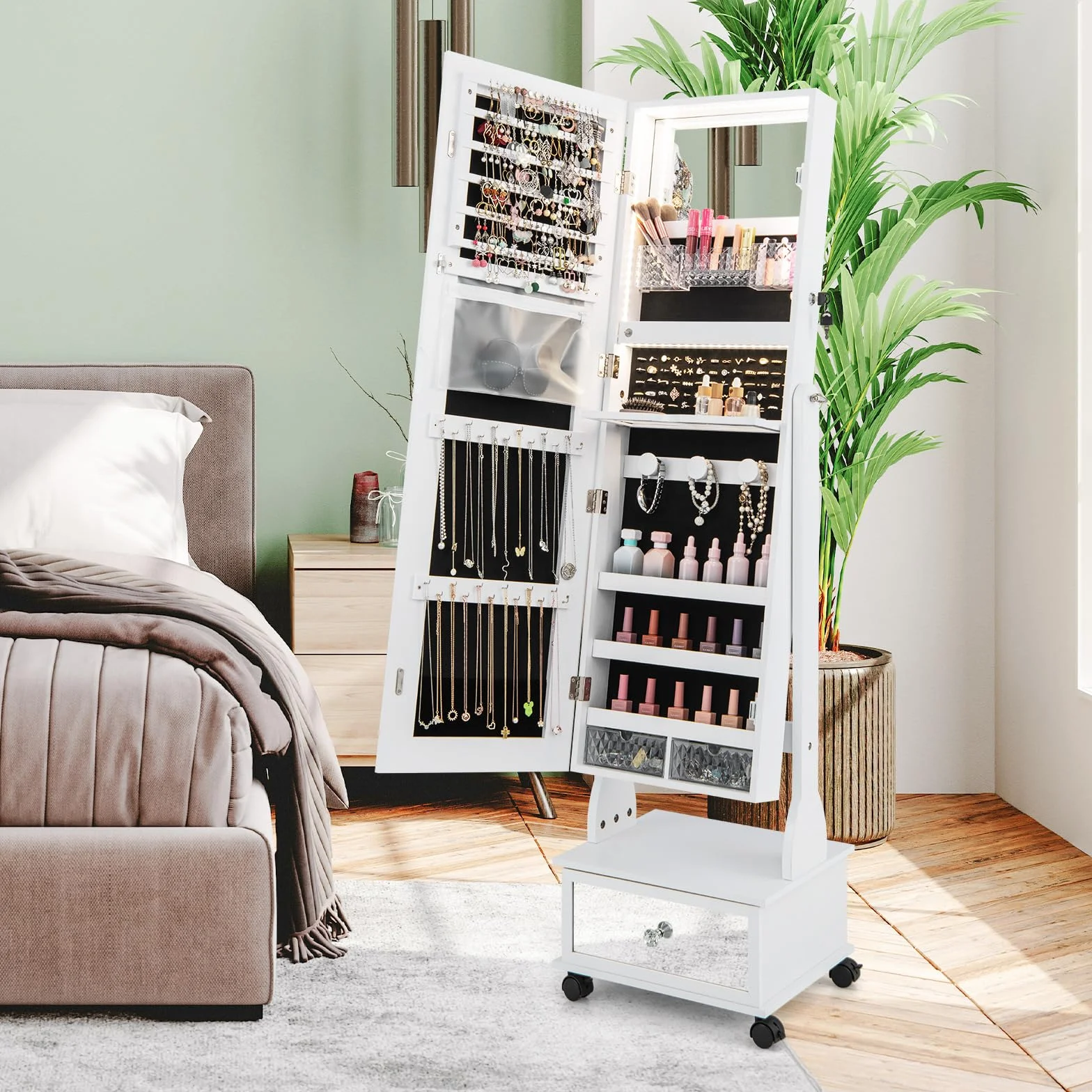 COSTWAY Armario para Joyas, Espejo Joyero de Pie Con Luces LED de 3 Colores, Espejo de Pie Cuerpo Entero con Cerradura, Cajón y 4 ruedas, Almacenamiento de Joyas Con Espejo de Maquillaje (Blanco)