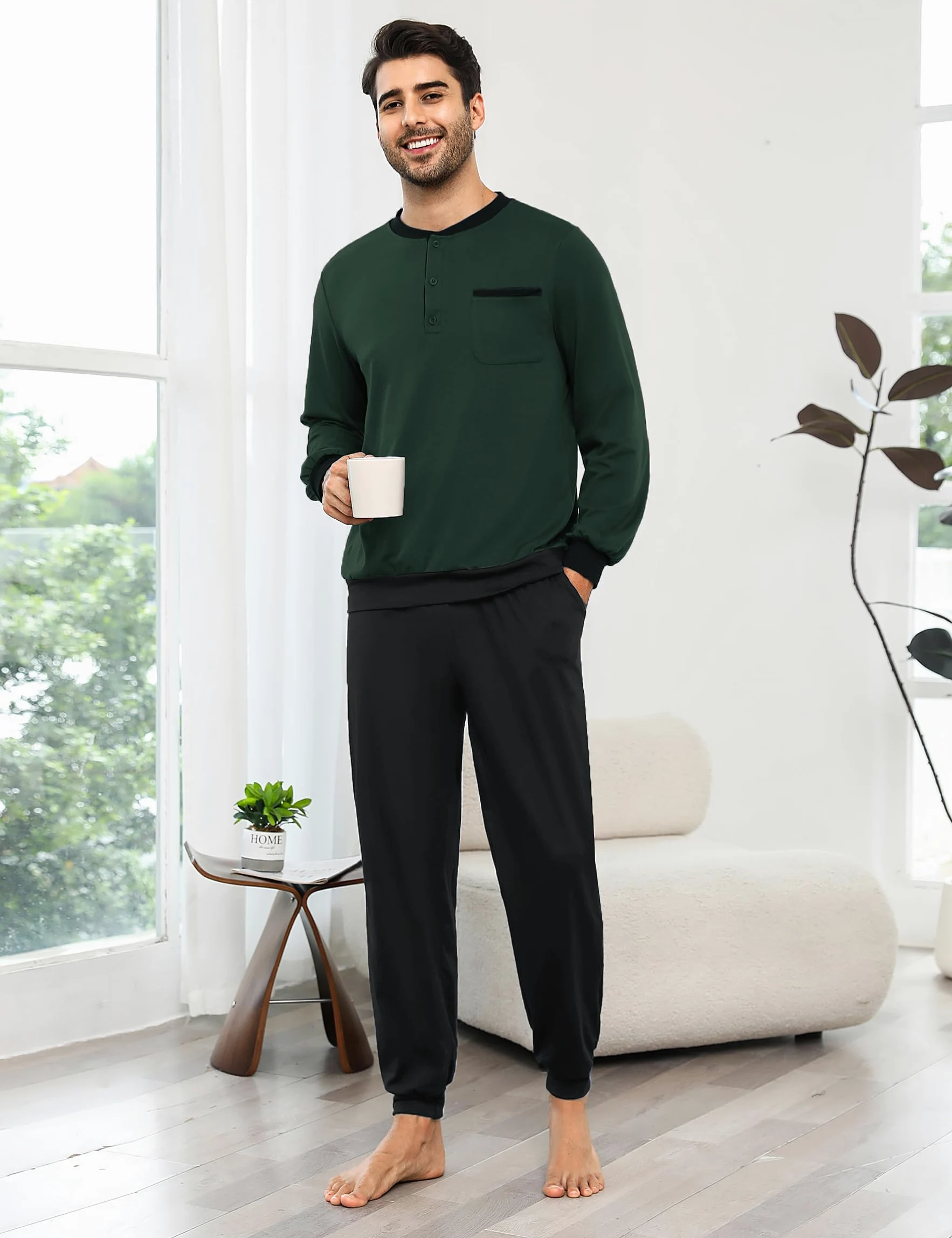 Bresdk Pijama Hombre Invierno Algodón Ropa de Dormir Camiseta de Manga Larga Largo Pantalón Pijama para Hombre S-3XL