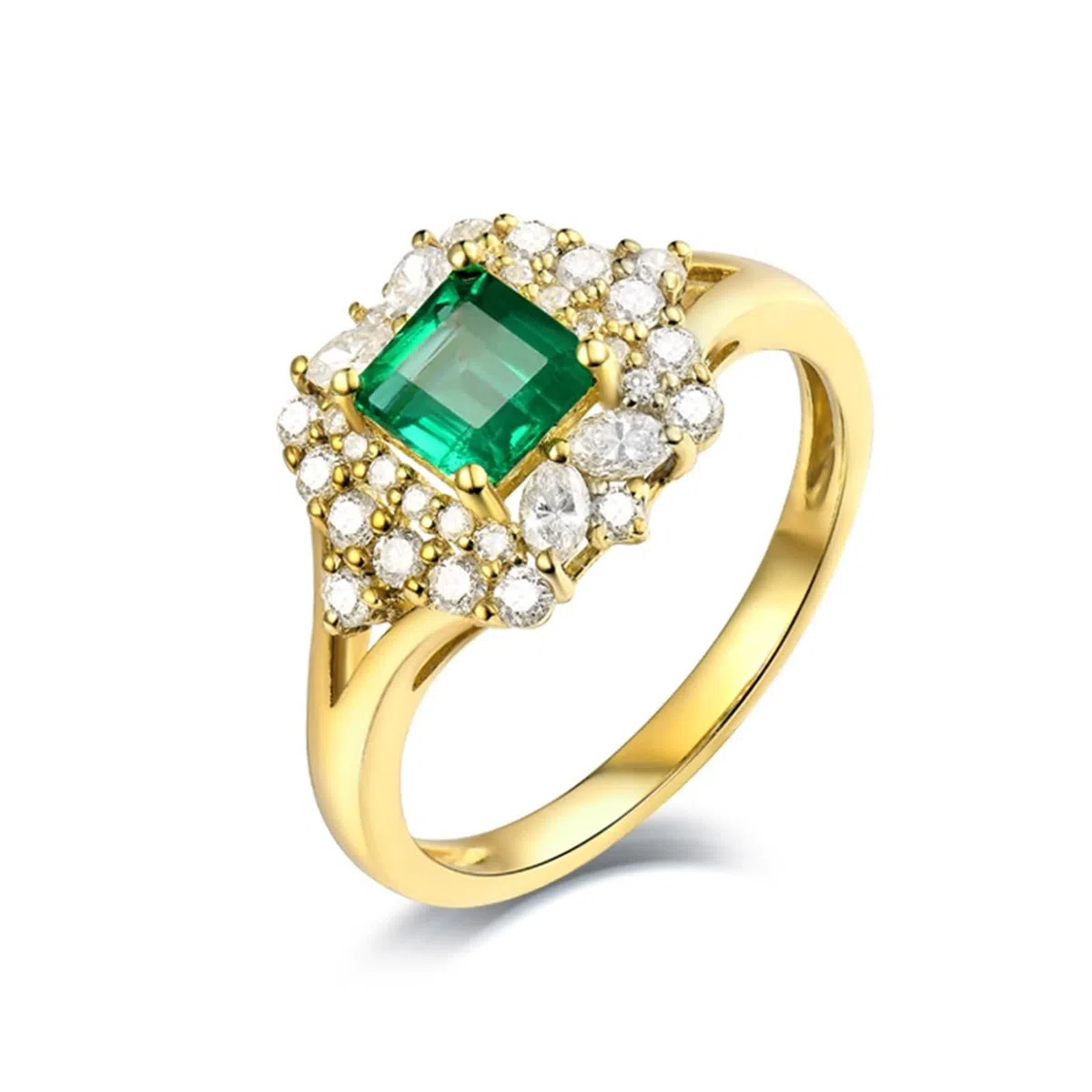 Anillo Esmeralda, Anillos Mujer Joya Oro Amarillo de 18K Esmeralda Cuadrada de 4 Puntas de 0,59 ct Con Diamante de 0,55 ct para Aniversario