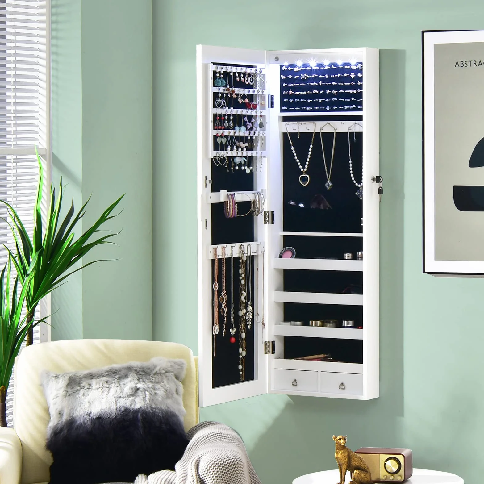 COSTWAY Armario con Espejo Joyero, Puerta LED y 2 Cajones, Cuerpo Entero para Dormitorio (Blanco)