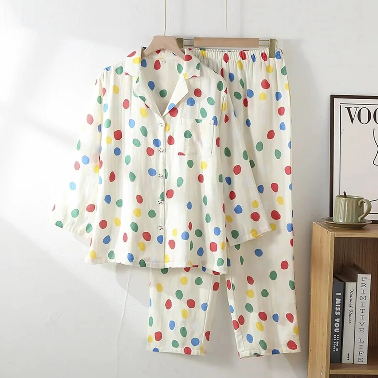 Pijamas de Gasa Doble algodón for Mujer, Ropa Descanso con Cuello Vuelto y Lunares Colores, Pantalones Finos Manga Larga, Conjuntos 2 Piezas para Descanso en casa