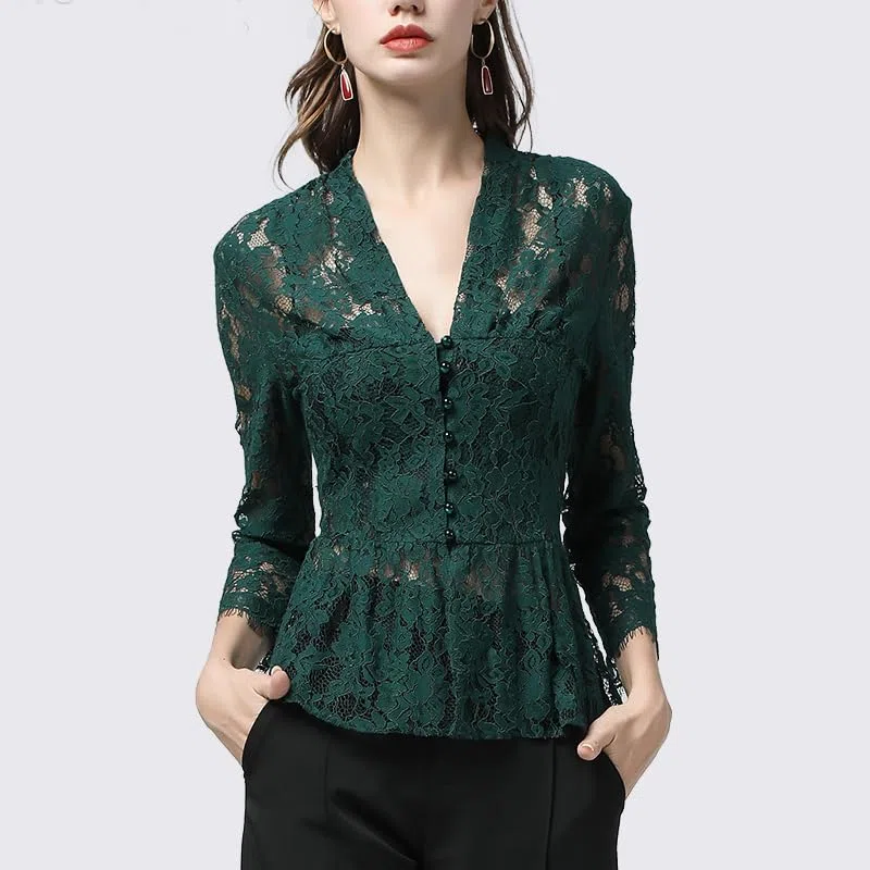Blusa de Encaje para Mujer, Camisa Hueca Transparente, Top de Primavera y Verano con Mangas 9/10, Tops de Trabajo Ajustados Sexis con Cuello en V (En8 L)