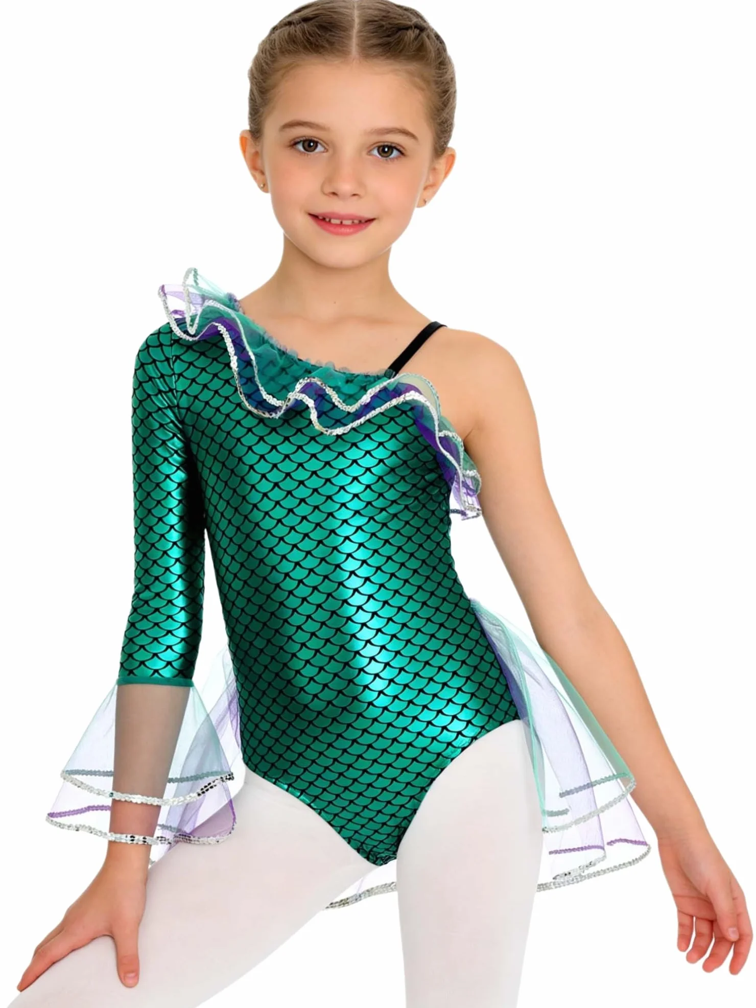 TiaoBug Maillot Brillante De Gimnasia Niña Vestido Princesa Con Estampado De Escamas De Pez Mono De Gimnasia