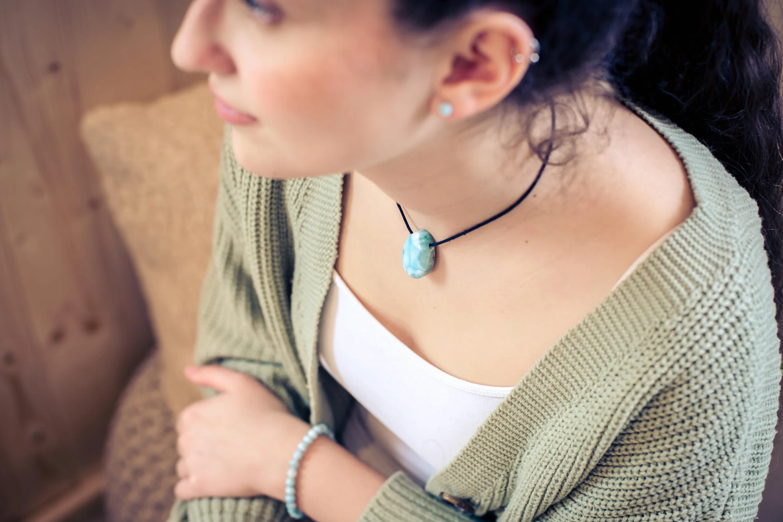 Larimar Colgante Piedra Rodada Perforada Cinta Algodón