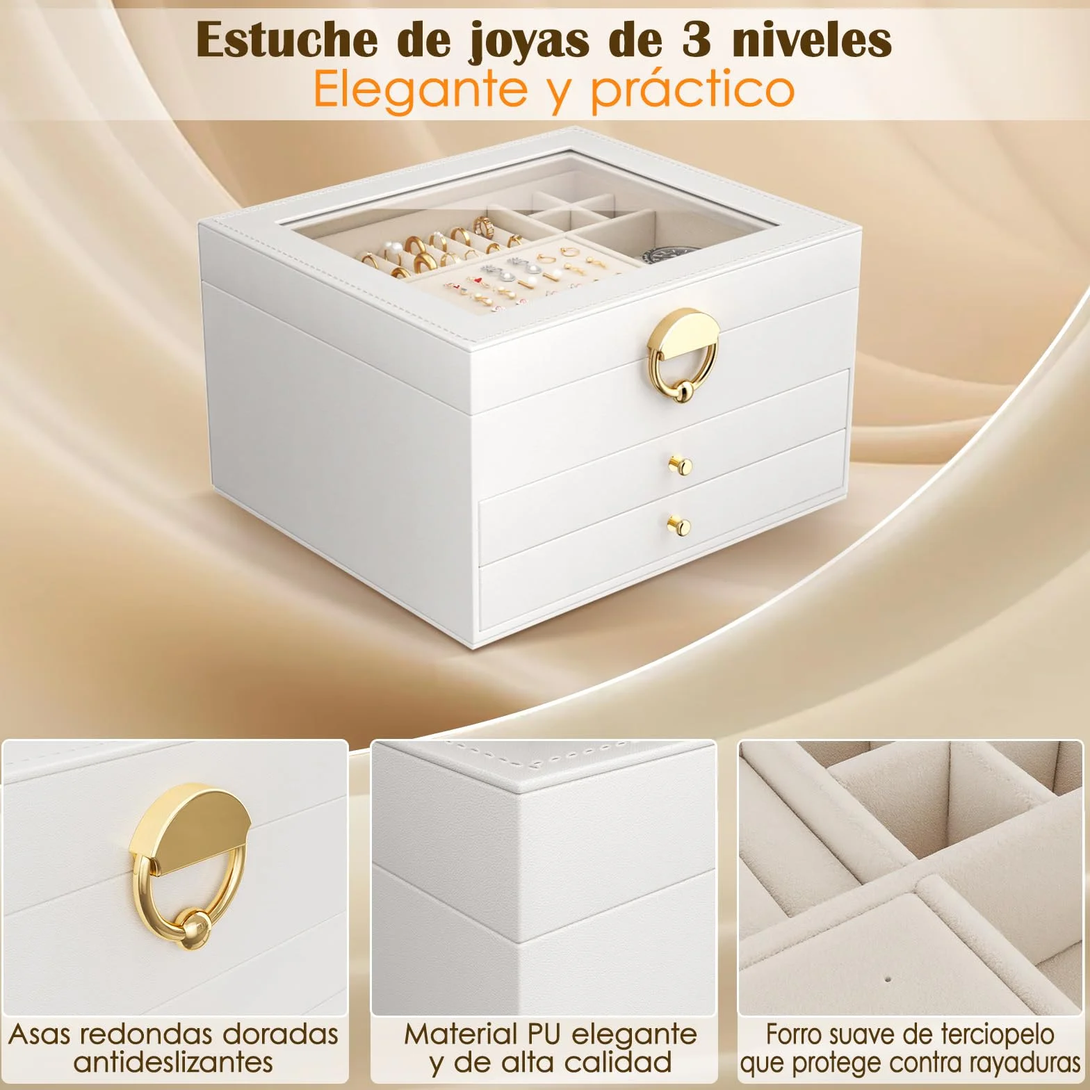Caja Grande para Joyas 3 Niveles 24 Compartimentos Organizador de Anillos Collares y Pendientes con Tapa Transparente Blanco Mate
