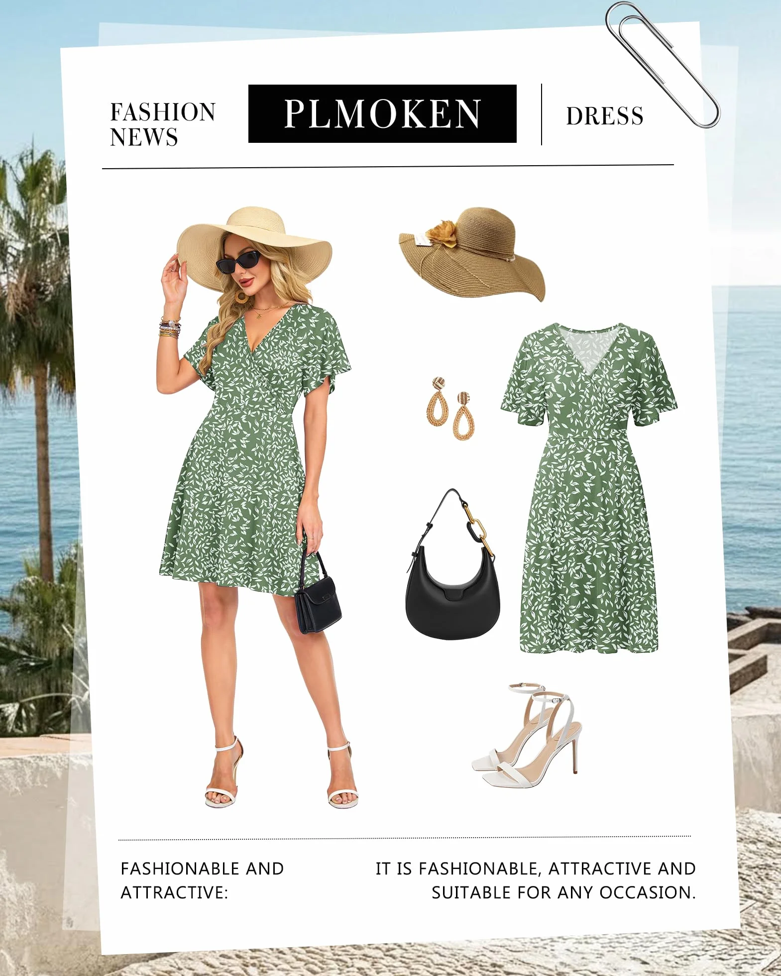 PLMOKEN Vestido de Verano para Mujer Sexy Cuello en V Manga Volantes Bolsillos