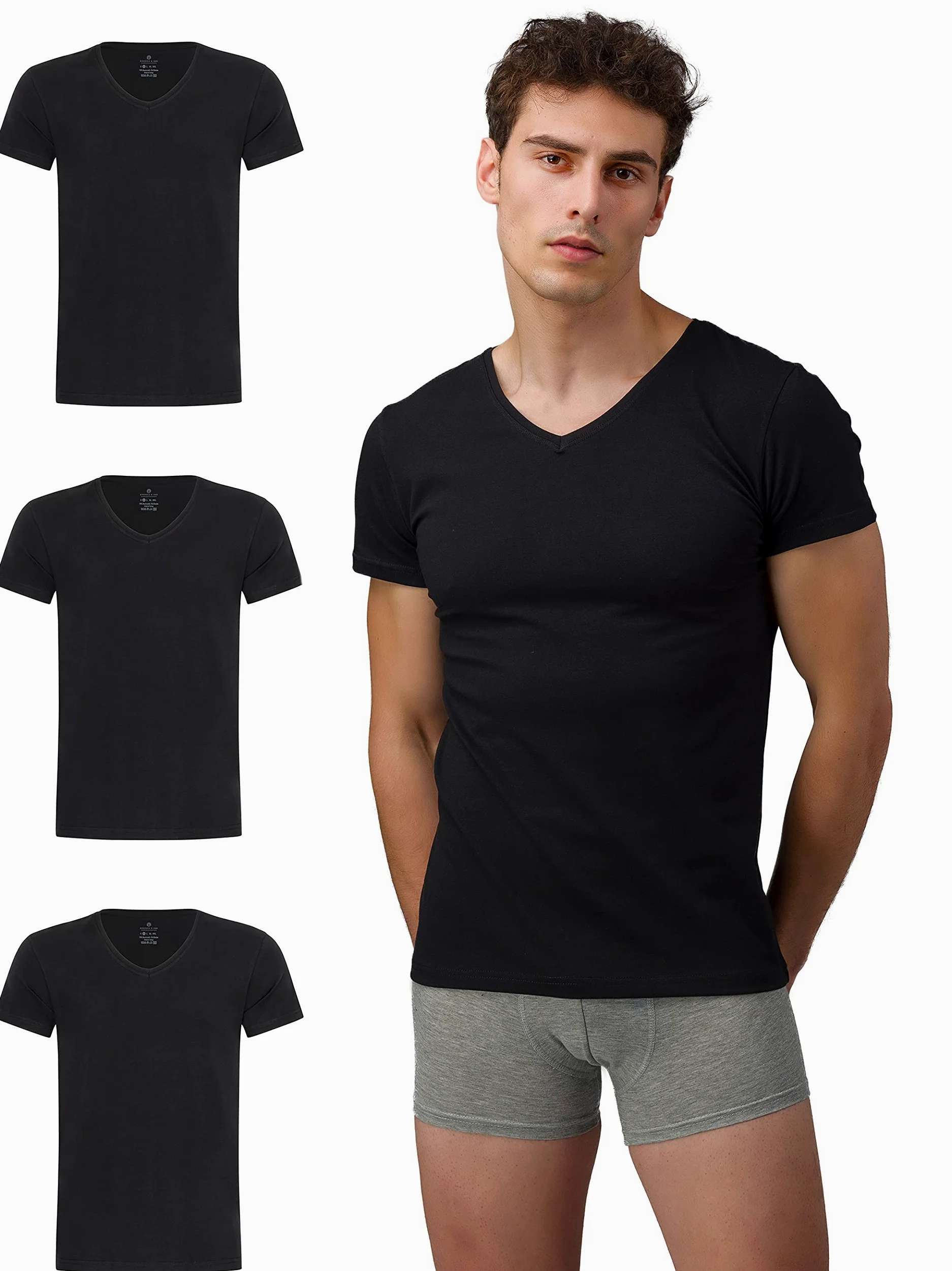 Burnell & Son Camiseta interior para hombre, paquete de 3 unidades, cuello de pico, elástico, manga corta, camiseta de algodón básico, corte ajustado