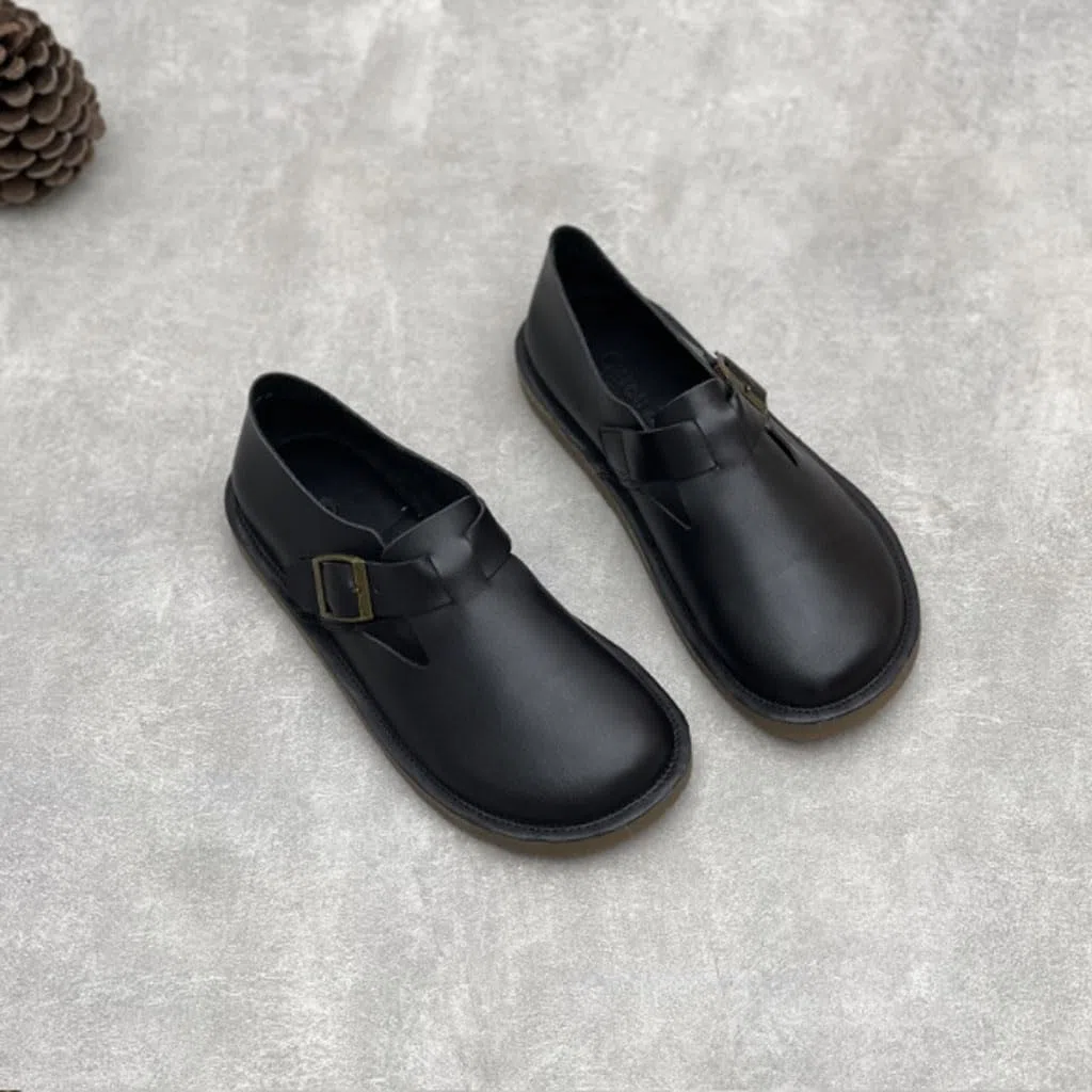 Zapatillas Mujer Planos Piel Auténtica Hebilla Punta Estilo Vintage