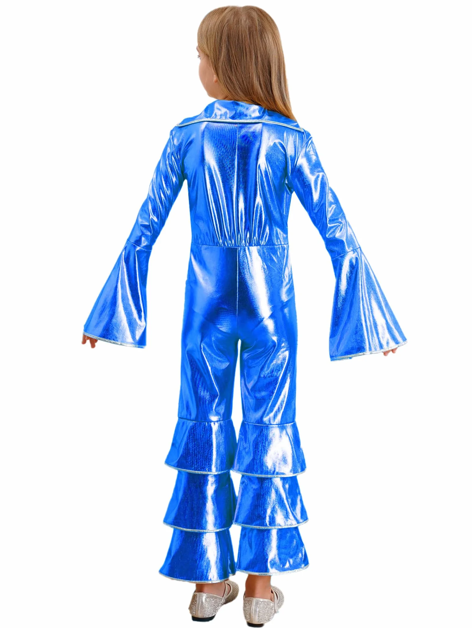 Traje De Baile Metálico Para Niñas Mono Con Volantes Disfraz De Discoteca Traje Completo Manga Larga Vestuario Baile Los Años 70 Para Actuación