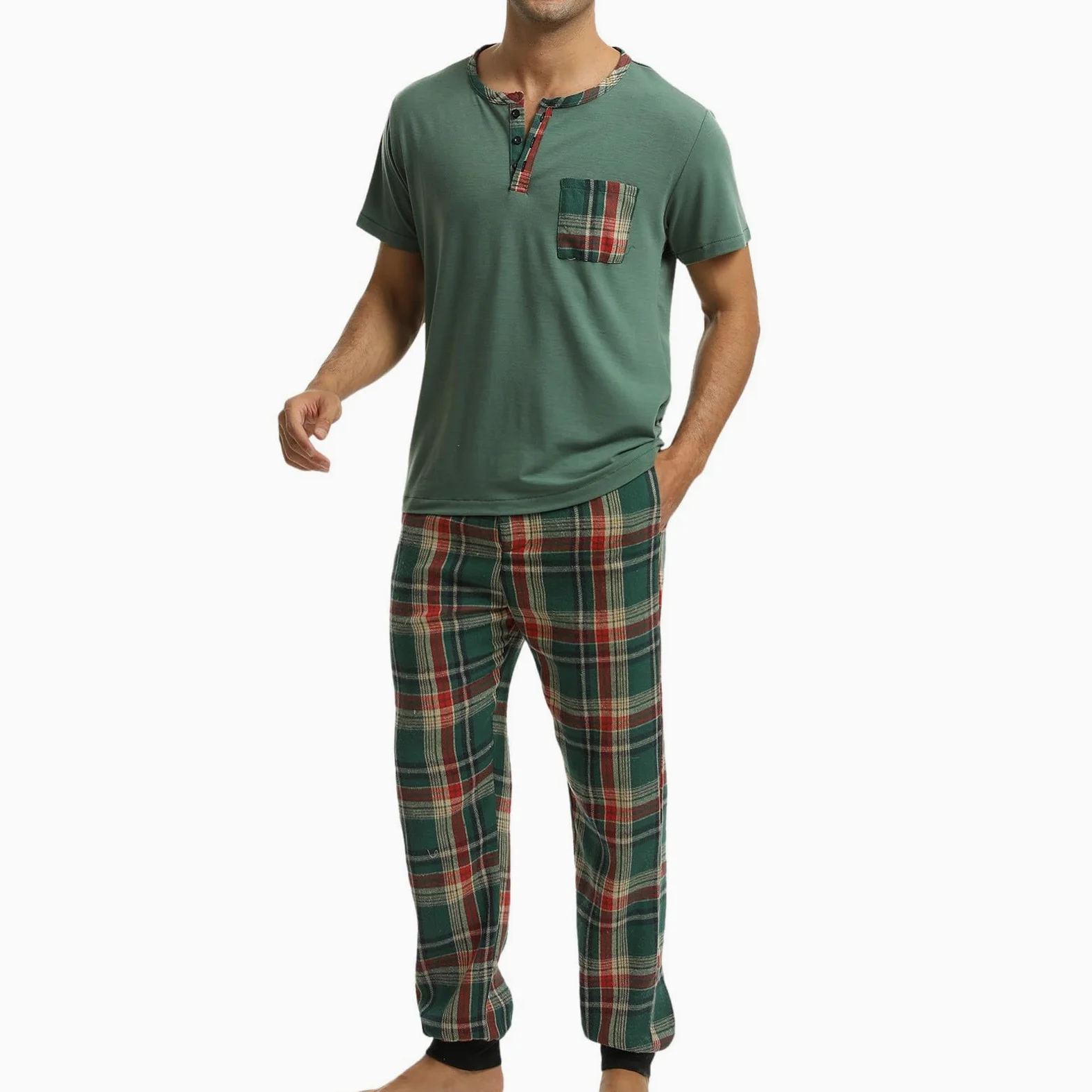 Conjunto de pijama para hombre de manga corta para hombre de verano, transpirable, camiseta a cuadros teñida de hilo y pantalones casuales, cintura elástica suelta, conjunto de dos piezas