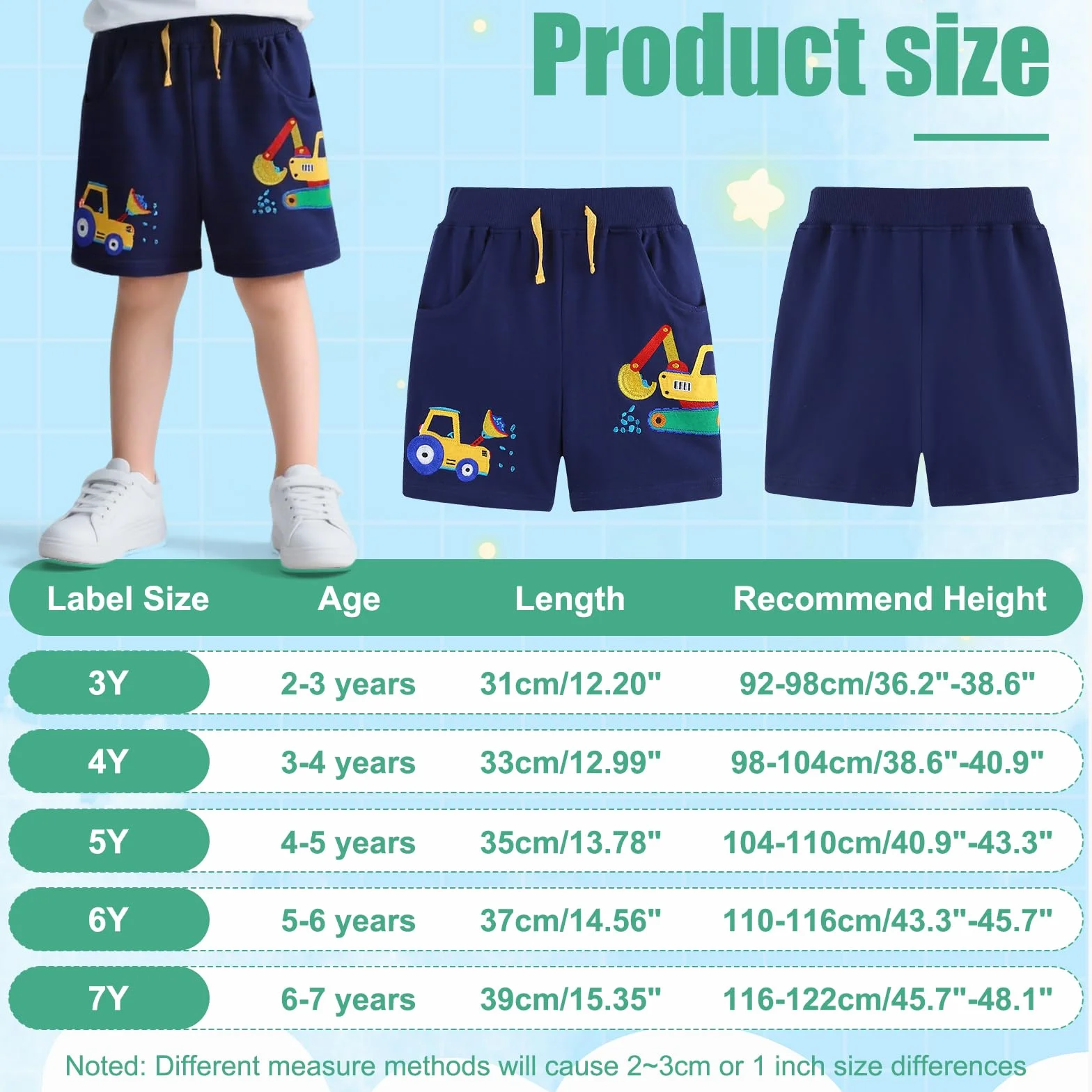 JinBei Bermudas Niño Algodón 2 Bolsillos Cintura Elástica Patrón Dinosaurio Excavadora Azul Marino 2-7 Años