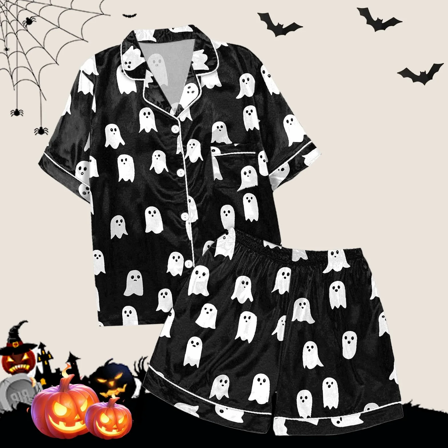Genérico Conjuntos de Pijama para Mujer con Diseño Elegante de Cuello y Patrón Decorativo Ideal para Halloween Otoño Invierno Uso Diario Versátil Cómodo