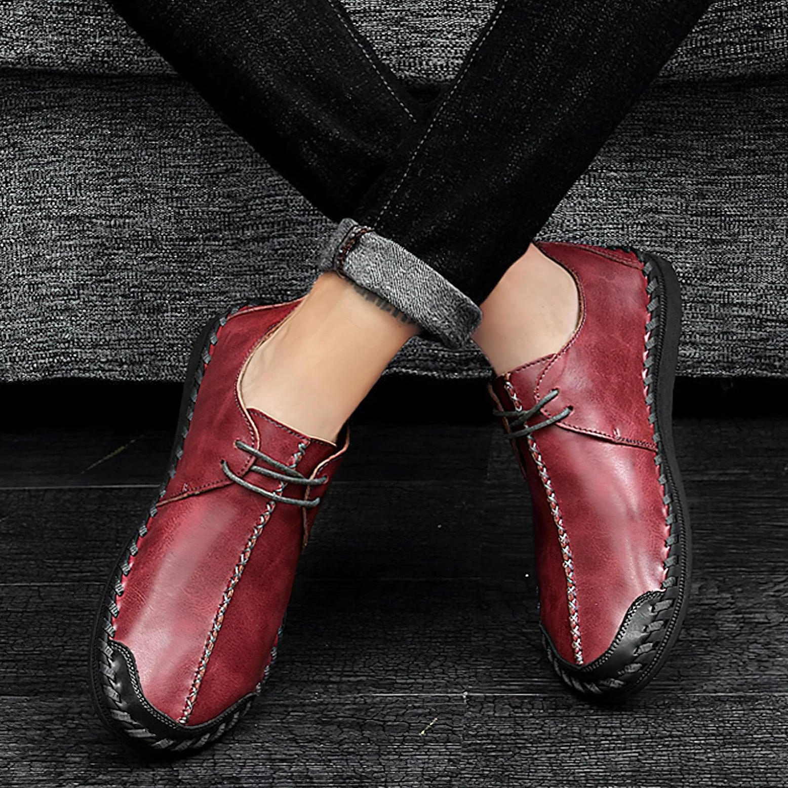 rismart Hombre Mocasine de Cuero Ponte Cosido a Mano Casual Conducción Zapatos de Entrenamiento