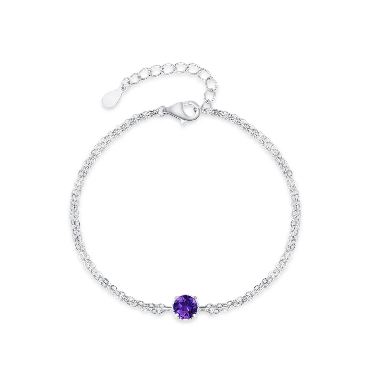 Pulseras para mujer, pulsera de cadena para mujer, cadenas de doble capa con amatista redonda y oro blanco de 0,5 quilates