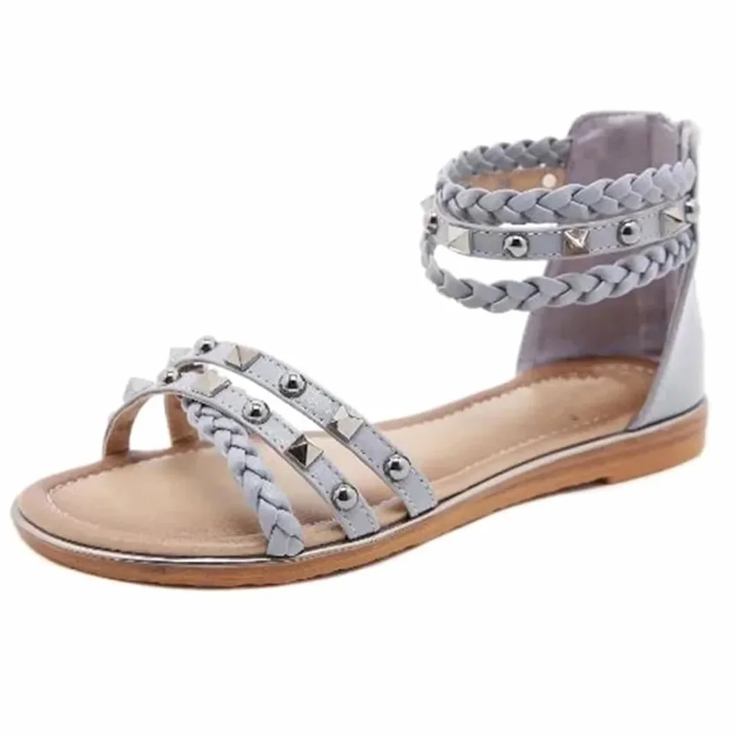 Sandalias étnicas con banda elástica para mujer, con correa de tobillo, tacón plano, con parte lateral abierta, estilo étnico, con remache superior, tejidas, retro, romanas, informales, de verano