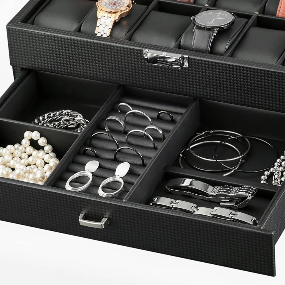 Caja para relojes con 2 niveles, caja de almacenamiento para relojes con tapa de cristal, caja de joyas, 12 compartimentos y 1 cajón para relojes, anillos, pulseras, Fibra de carbono--w60b