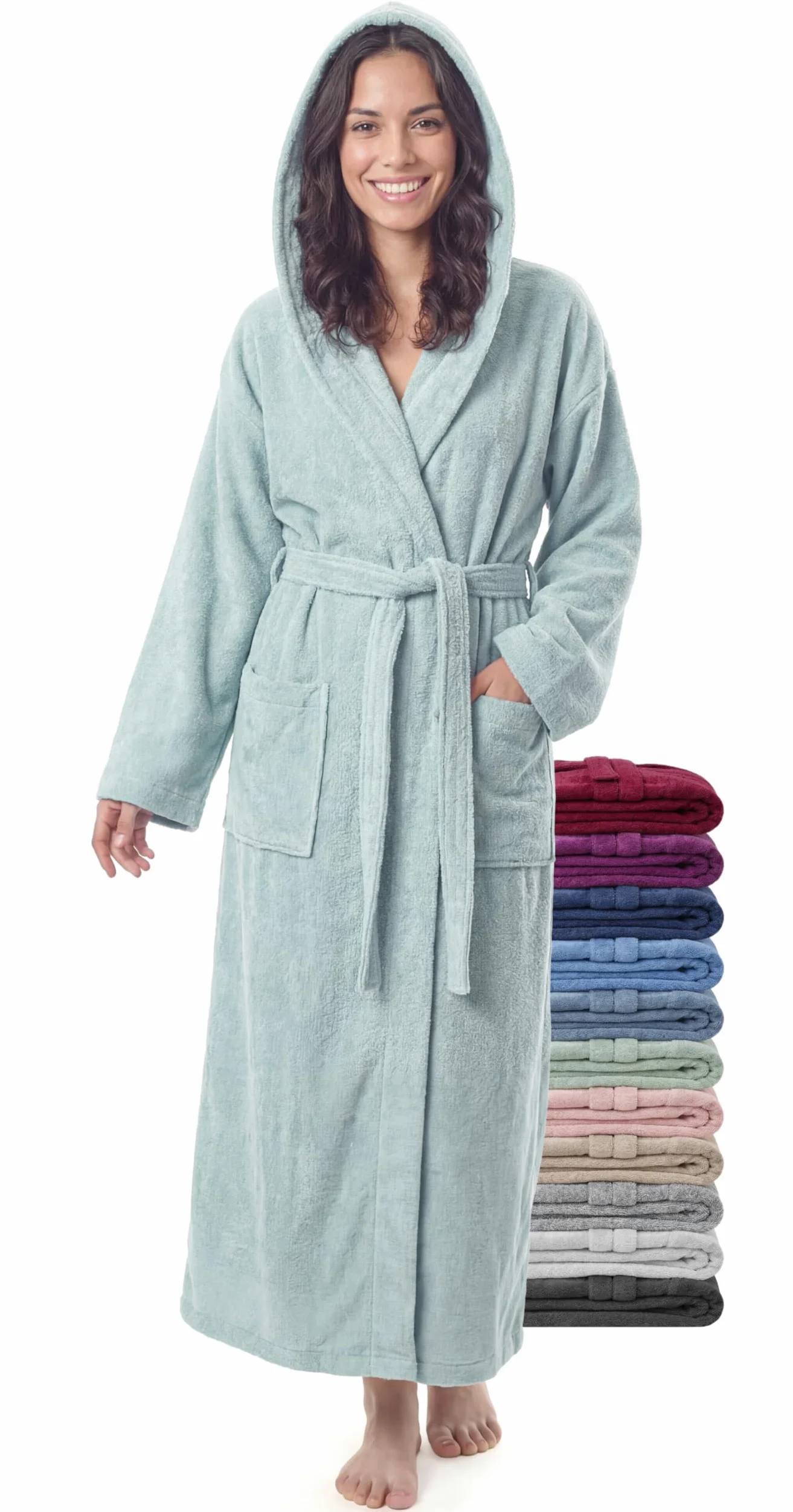 Albornoz Mujer Extra Largo con Capucha – 100% Algodón Rizo 380 g/m² – Bata de Baño Sauna y Spa, Hasta los Tobillos, Suave, Absorbente, Tallas S–XXL