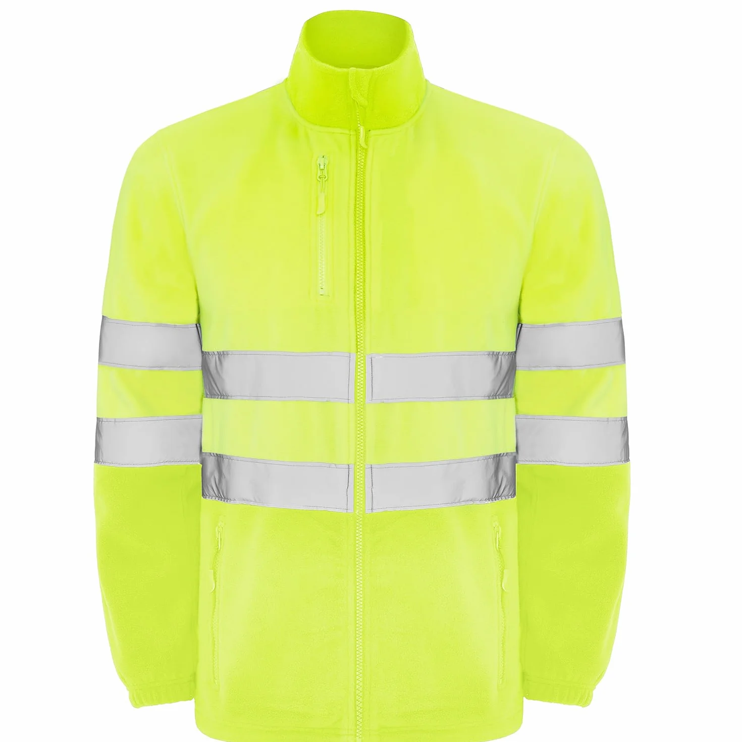 Chaqueta polar alta visibilidad adulto con cintas reflectantes, cremallera completa, bolsillos frontales y pecho, 100% poliéster